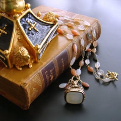 Multicolored Moonstone Necklace Antique Gilt White Agate Fob Pendant