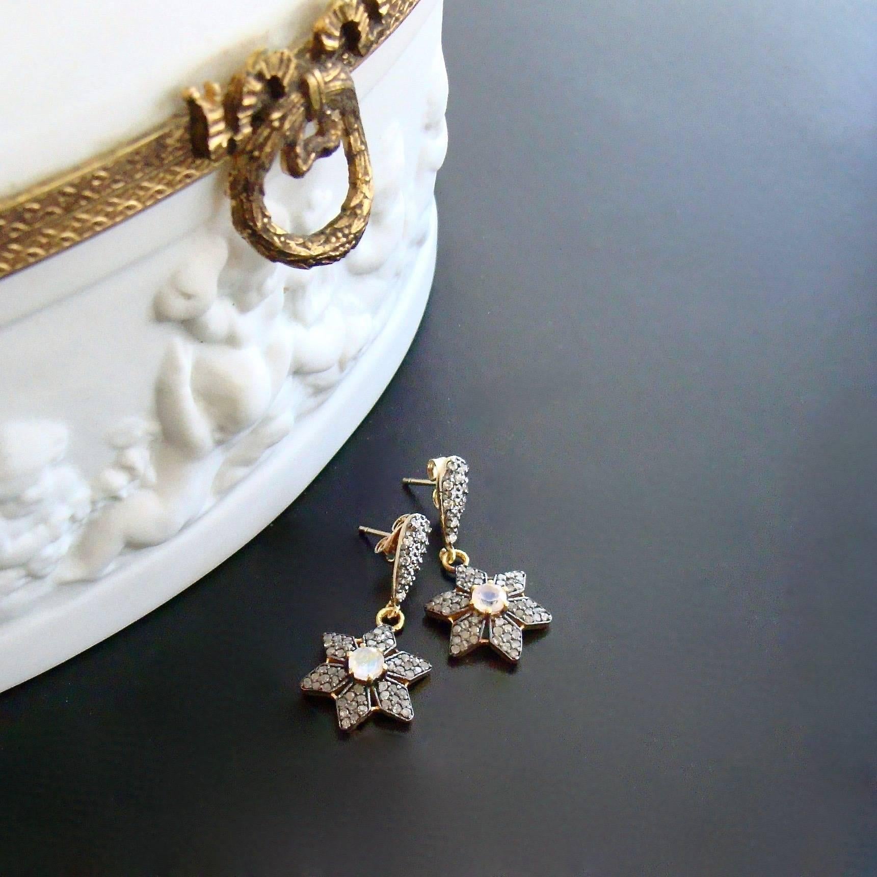 Moonstone Pave Diamond Star Earrings In New Condition In Colleyville, TX