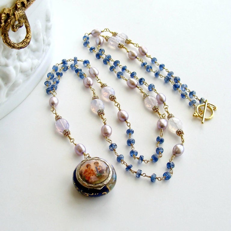 Austrian Enamel Vinaigrette Locket Necklace Kyanite Scorolite at 1stDibs