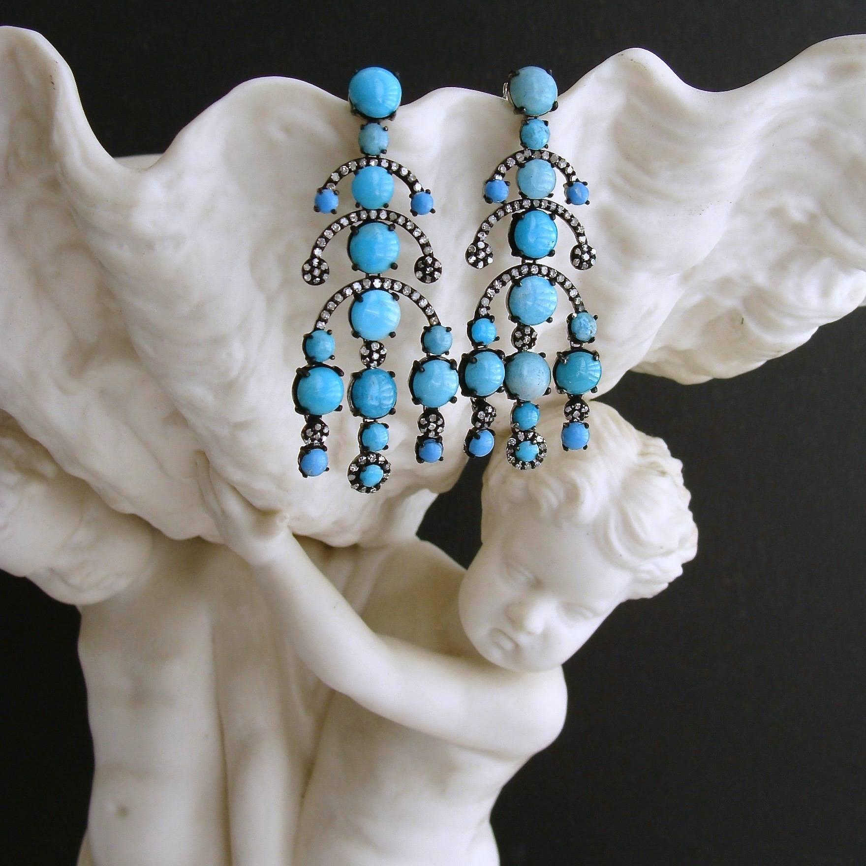 Victorian Turquoise Diamond Rhodium Silver Chandelier Earrings