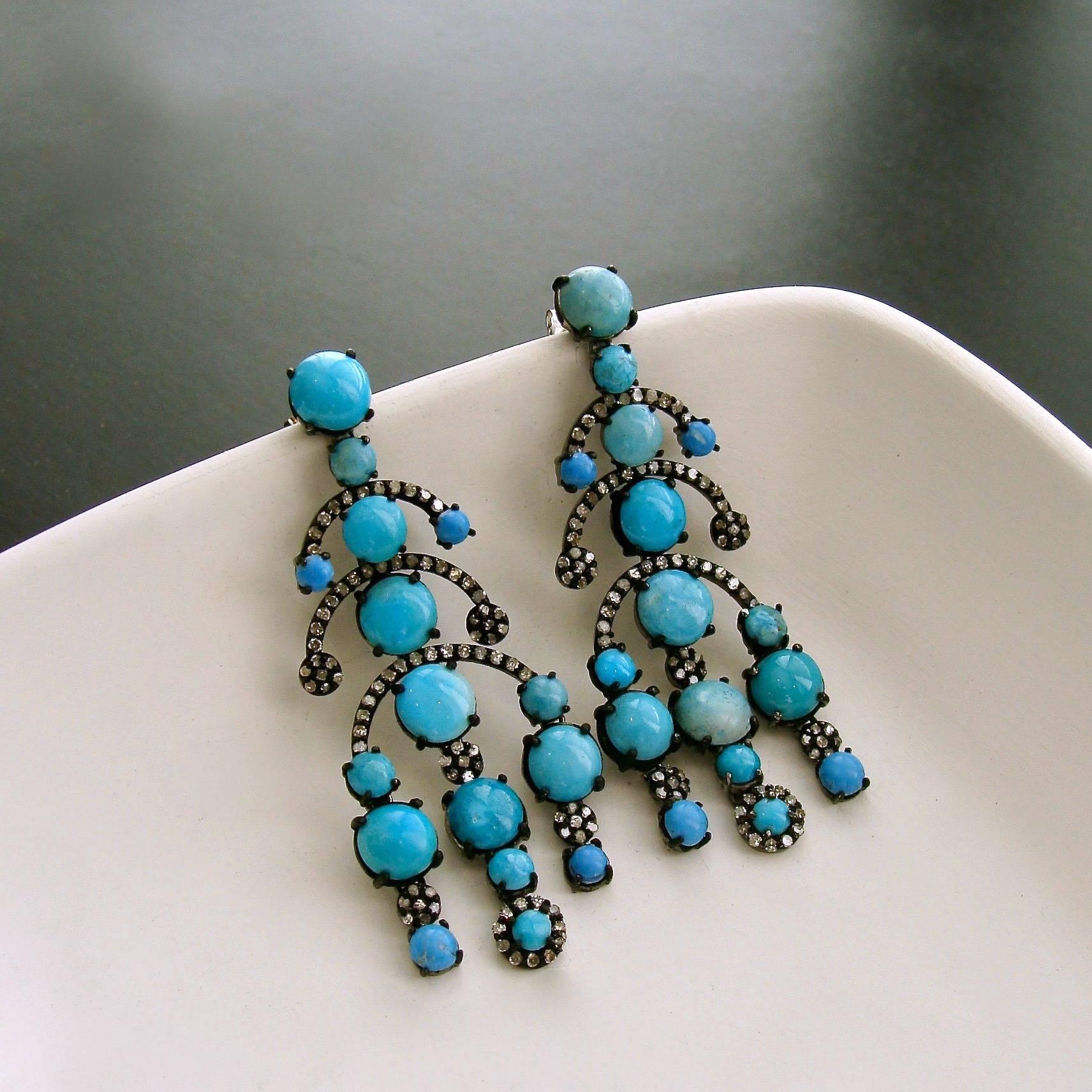 Turquoise Diamond Rhodium Silver Chandelier Earrings In New Condition In Colleyville, TX