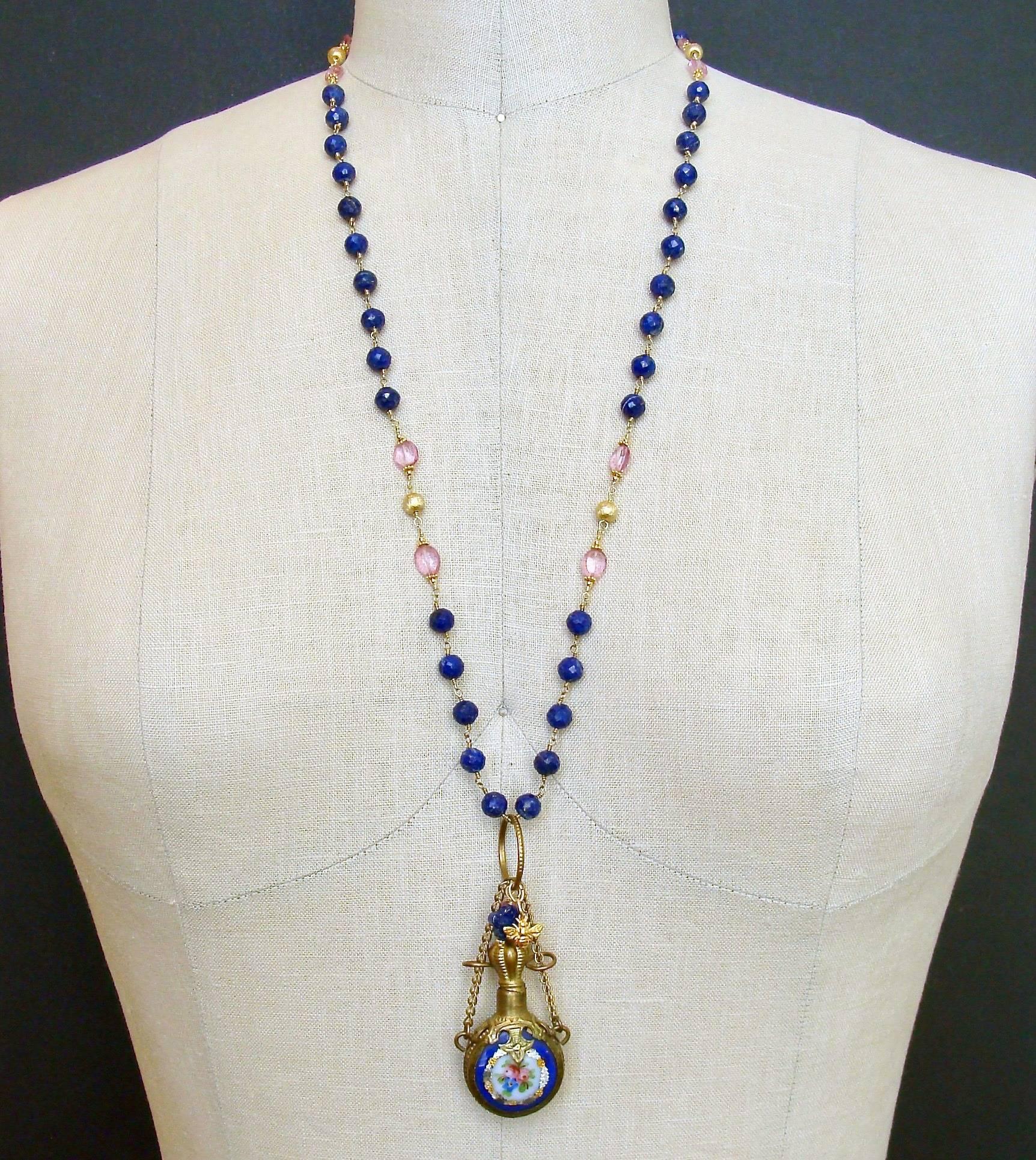 Lapis Pink Quartz Porcelain Chatelaine Scent Bottle Necklace In New Condition In Colleyville, TX