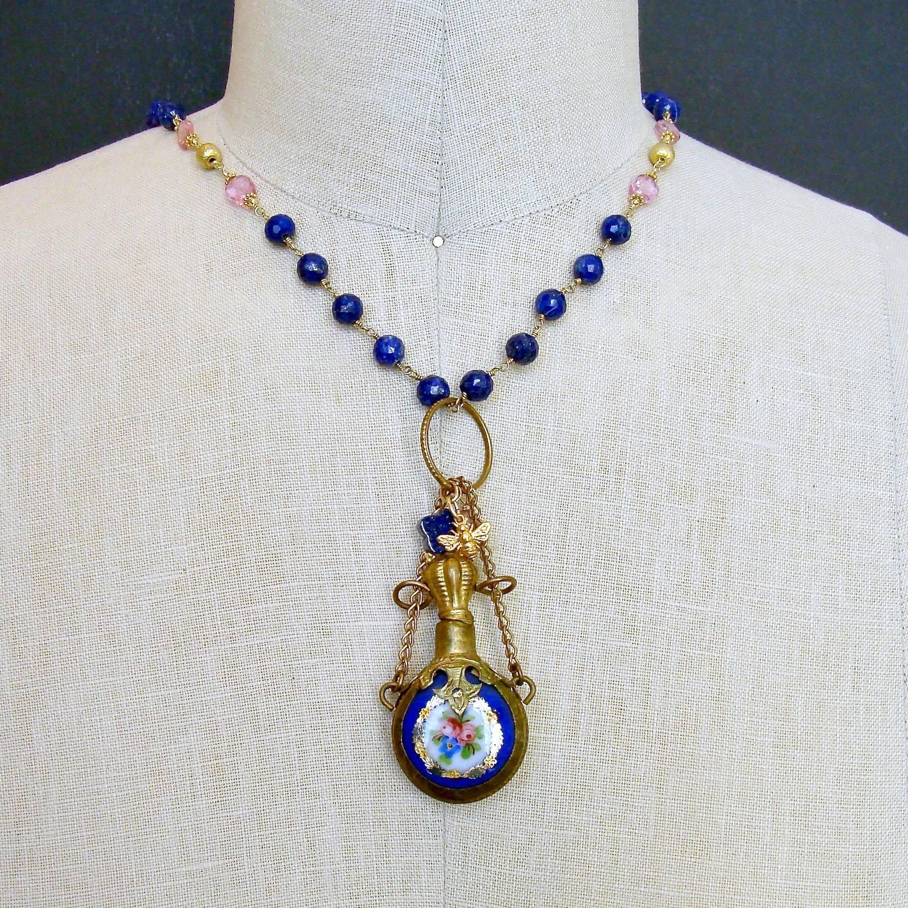 Women's Lapis Pink Quartz Porcelain Chatelaine Scent Bottle Necklace