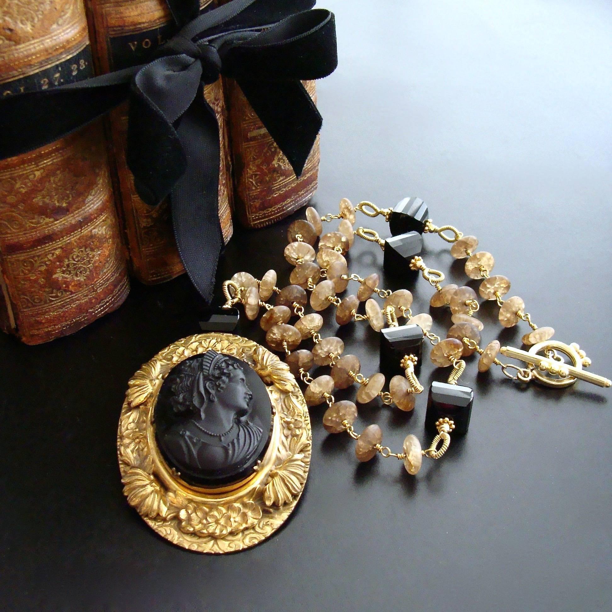 Women's Amber Quartz Onyx Necklace Victorian Onyx Cameo Brooch Pendant