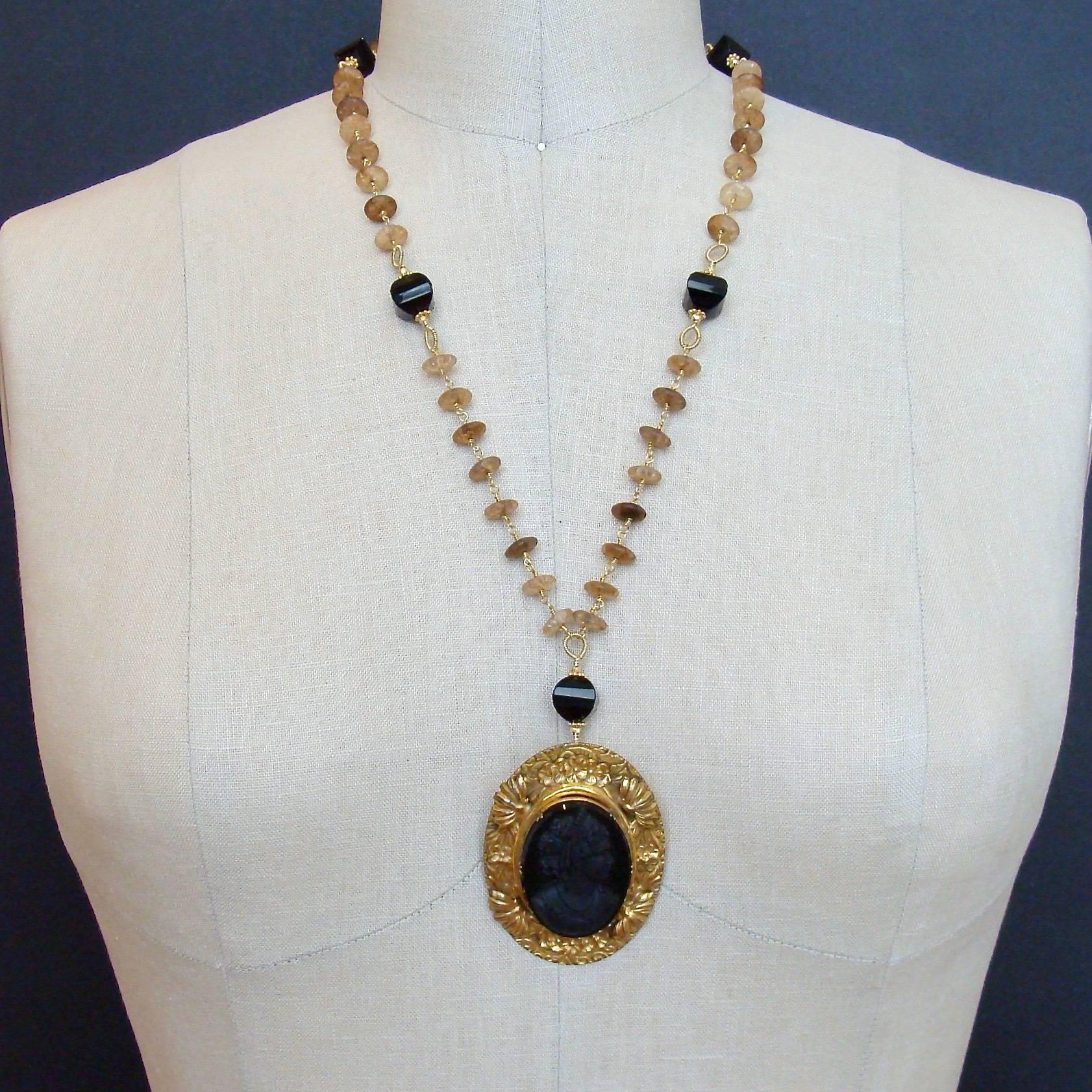 Amber Quartz Onyx Necklace Victorian Onyx Cameo Brooch Pendant 1
