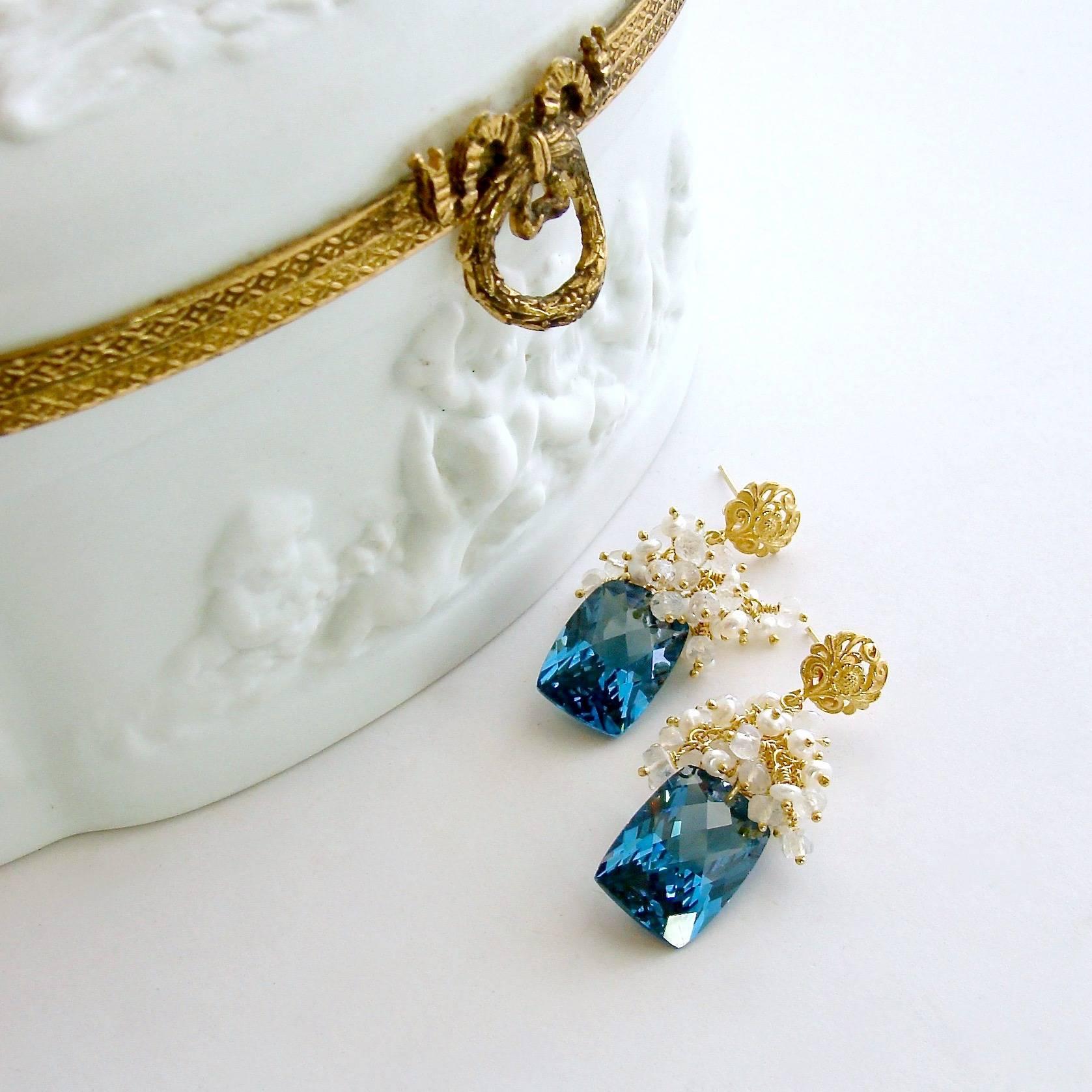 Artisan London Blue Topaz Seed Pearls Moonstone Cluster Earrings