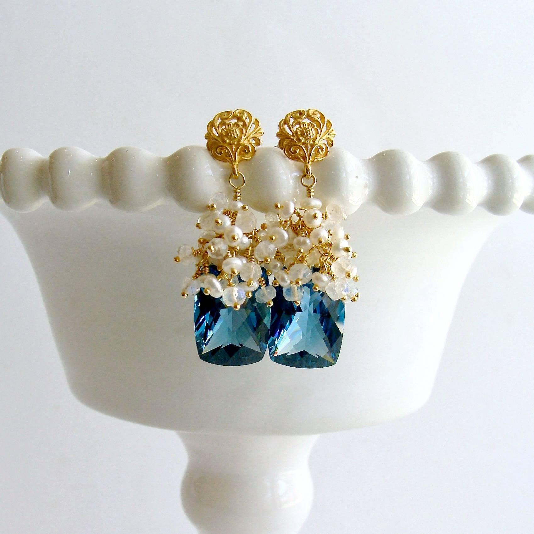 Baguette Cut London Blue Topaz Seed Pearls Moonstone Cluster Earrings