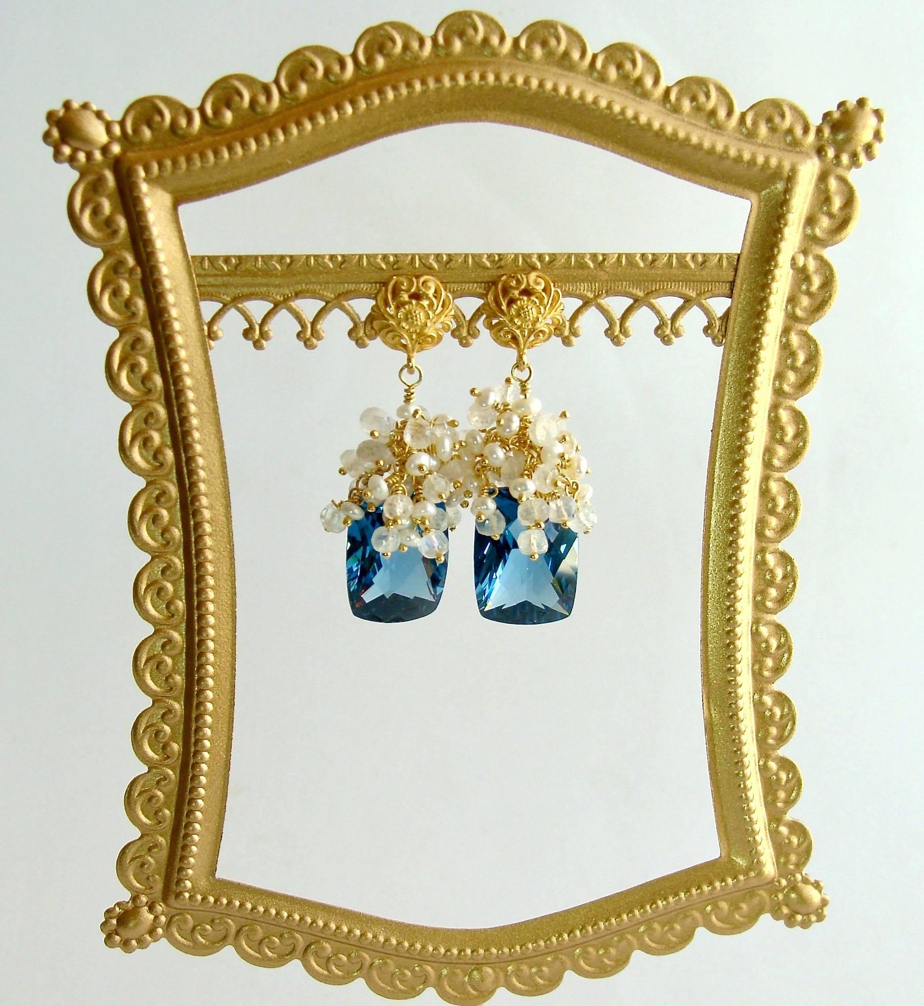 London Blue Topaz Seed Pearls Moonstone Cluster Earrings In New Condition In Colleyville, TX