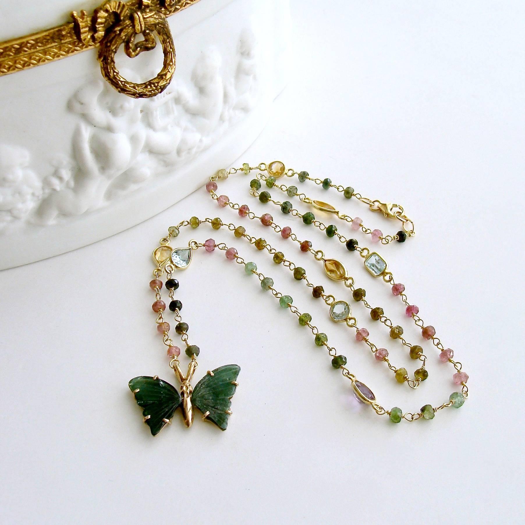 Tourmaline Stations Blue Green Tourmaline Butterfly Necklace In New Condition In Colleyville, TX