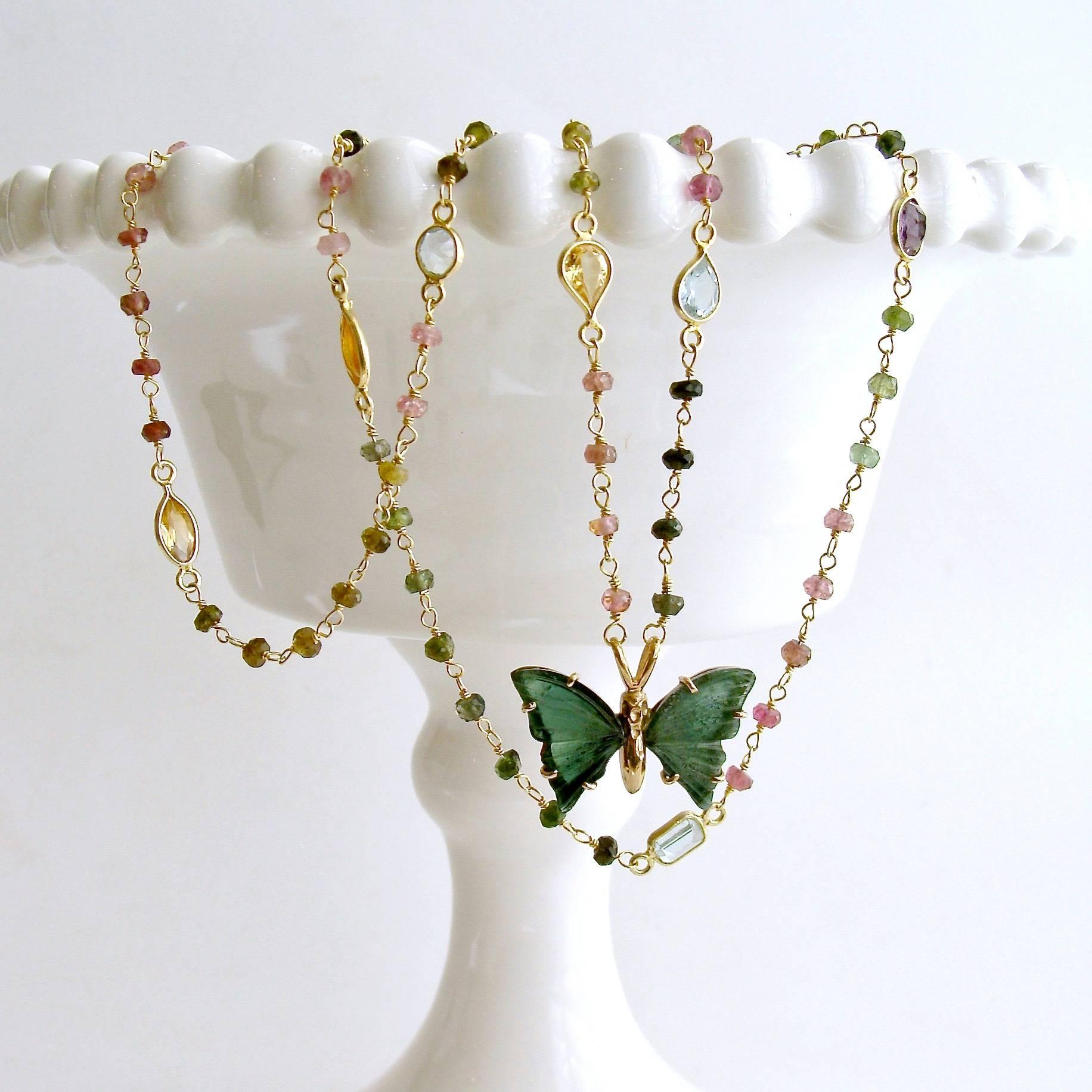 Women's Tourmaline Stations Blue Green Tourmaline Butterfly Necklace