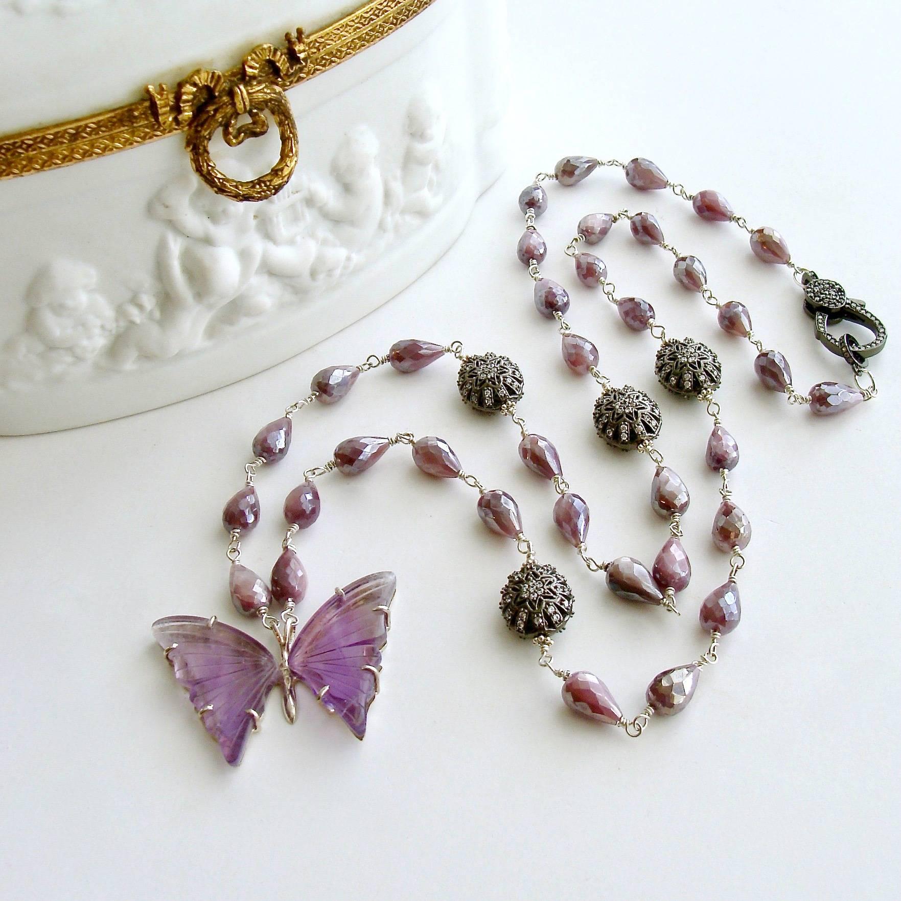 Silverite White Topaz Amethyst Butterfly Necklace  In New Condition In Colleyville, TX