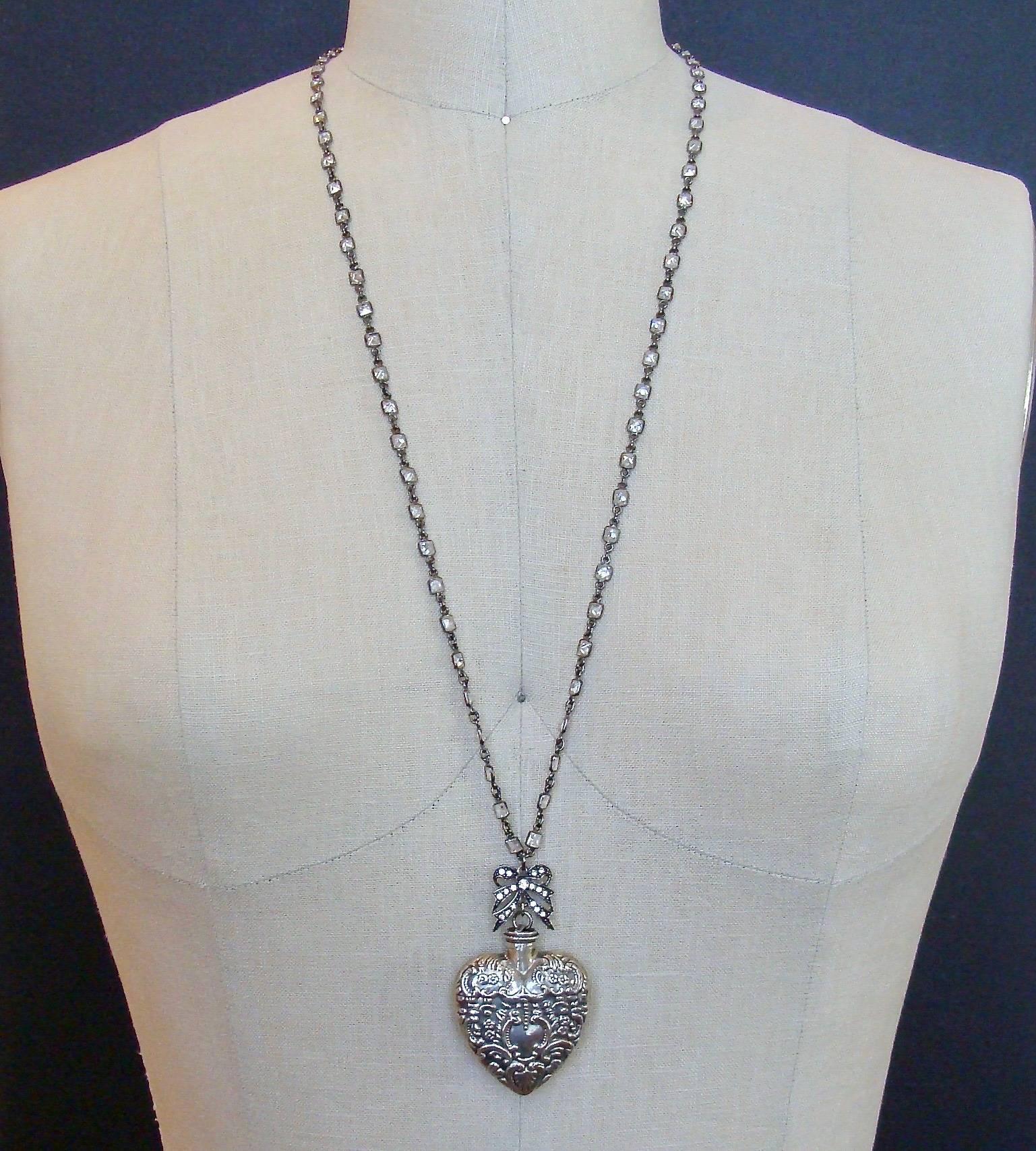 Victorian Sterling Silver Repousse Chatelaine Heart Scent Bottle Necklace