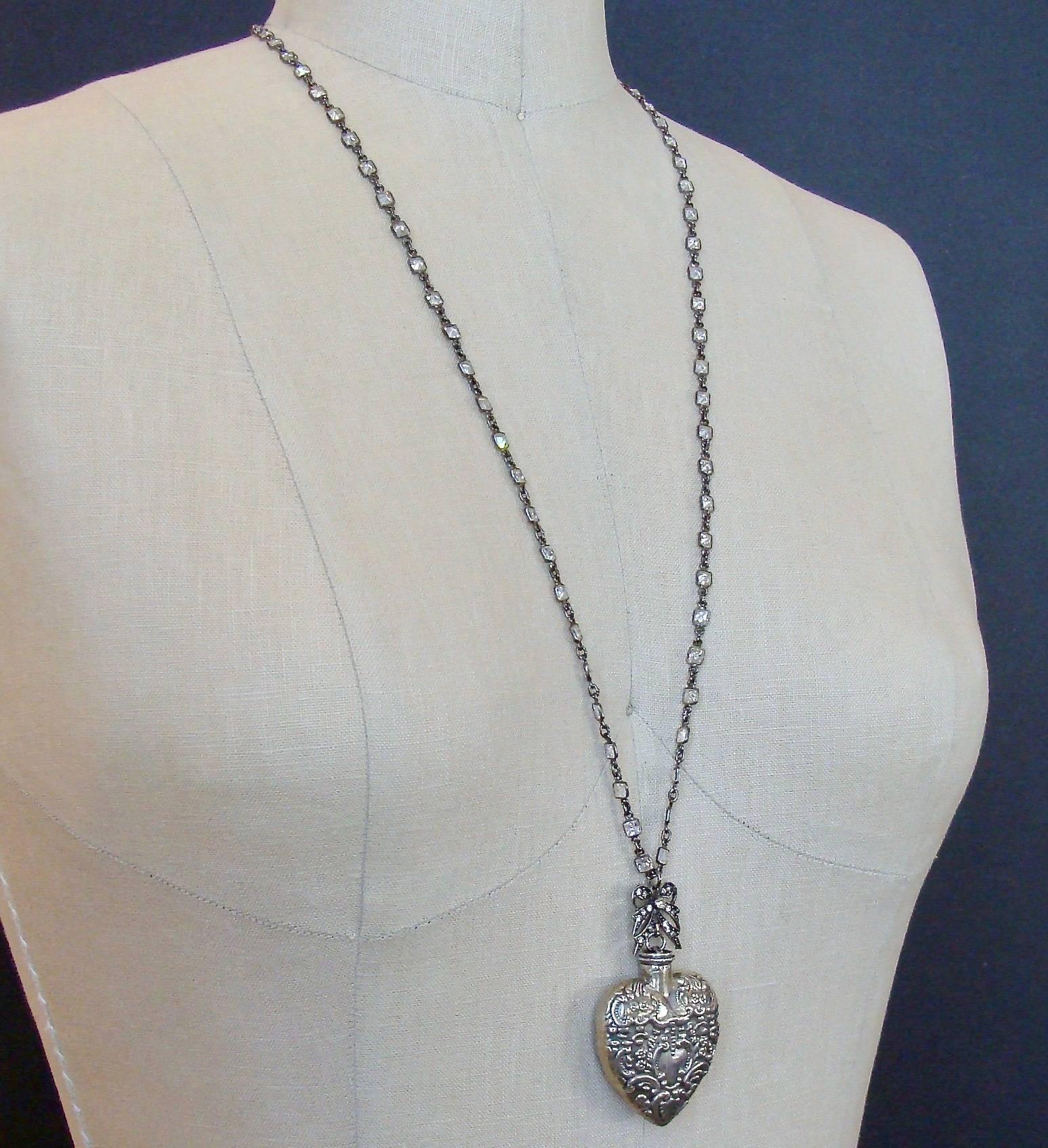 Sterling Silver Repousse Chatelaine Heart Scent Bottle Necklace In New Condition In Colleyville, TX