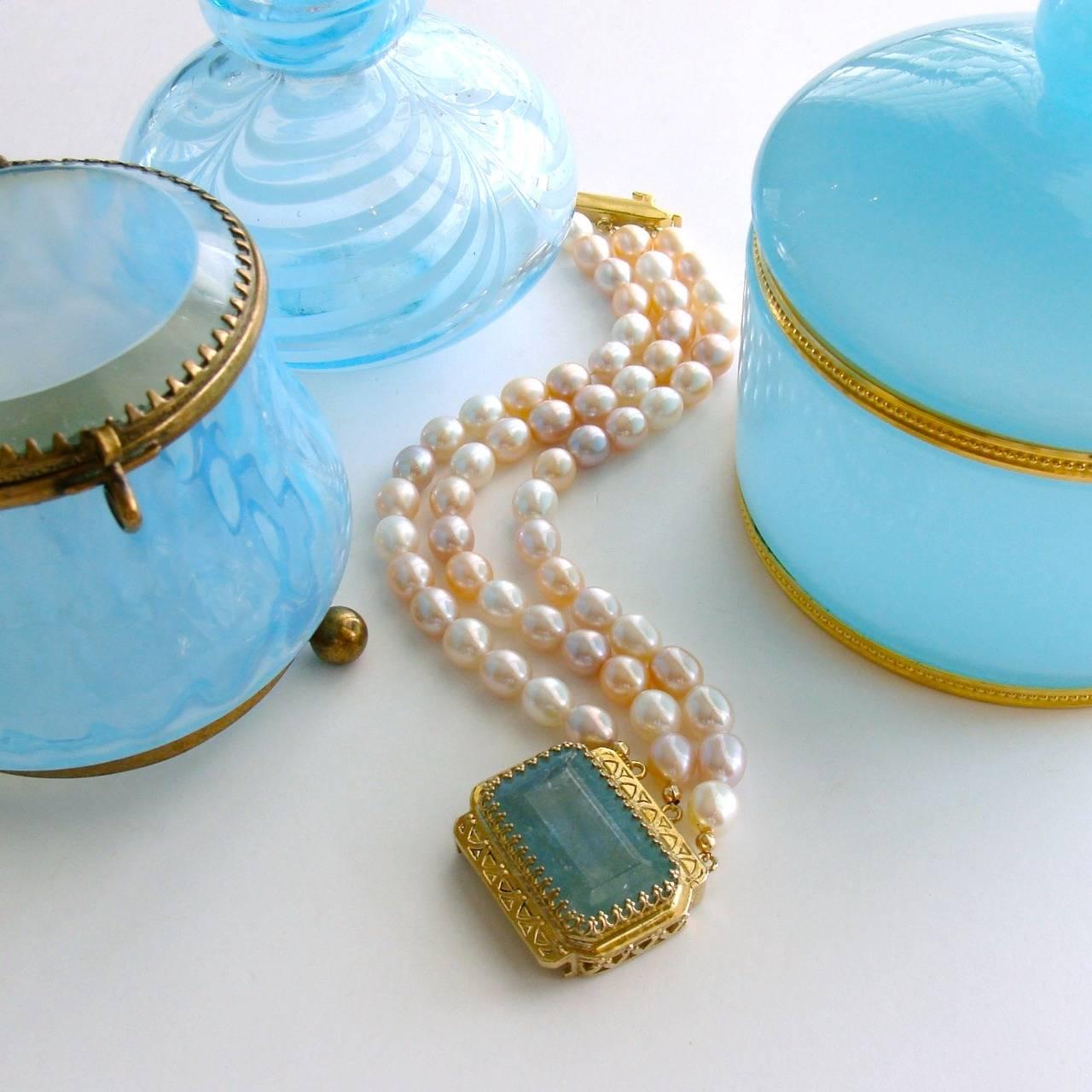 Artisan Multicolor Pearl Gold Cuff Bracelet with Aquamarine Clasp