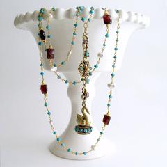 Turquoise Garnet Keshi Pearls Austro Hungarian Swan Fob Necklace