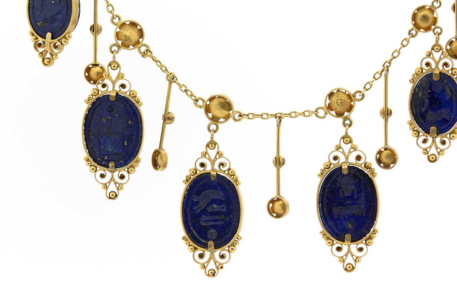 Egyptian Revival Lapis Lazuli Gold Scarab Necklace In Excellent Condition In Beverly Hills, CA
