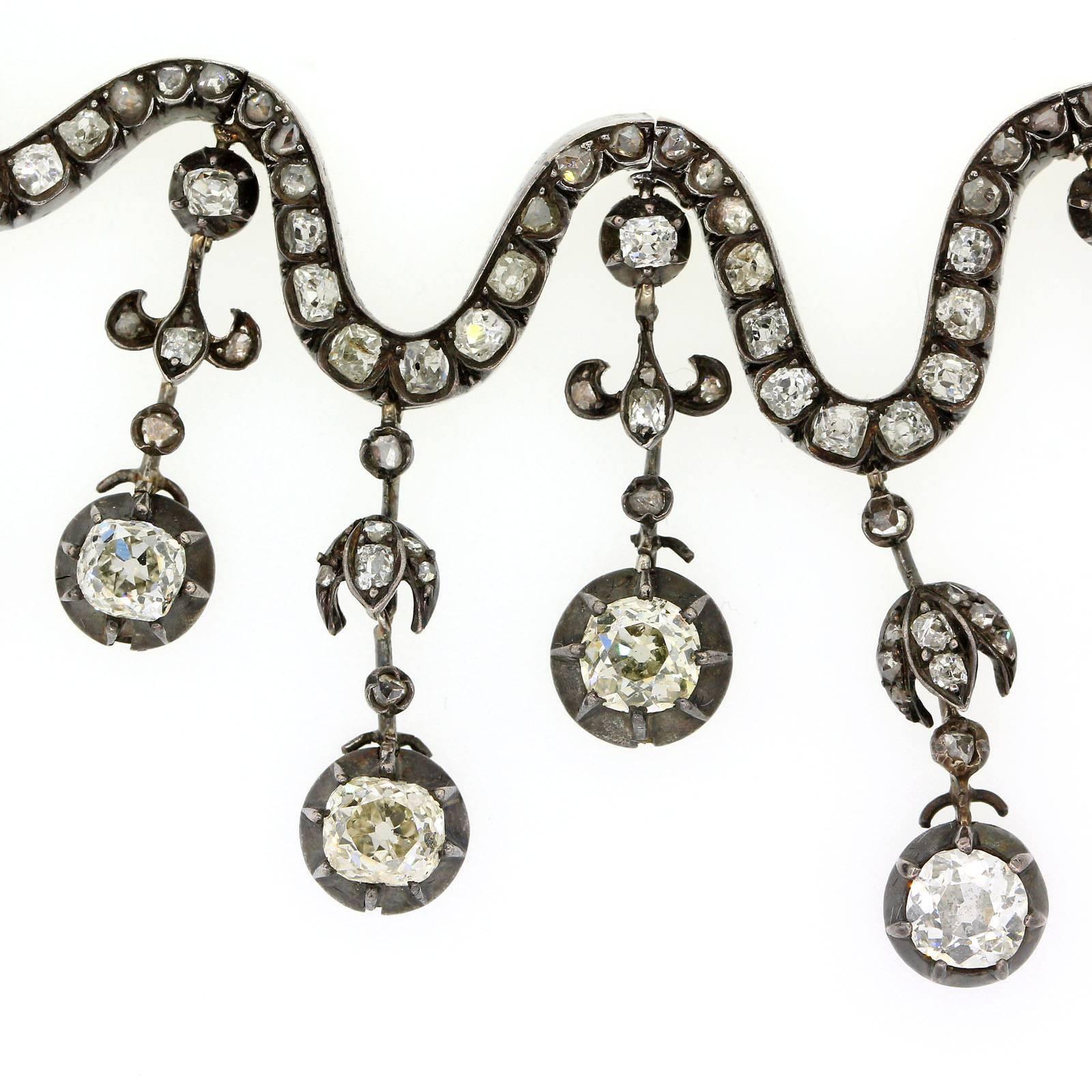 Victorian 1850s French Old European Cut Diamonds Silver Gold Necklace
