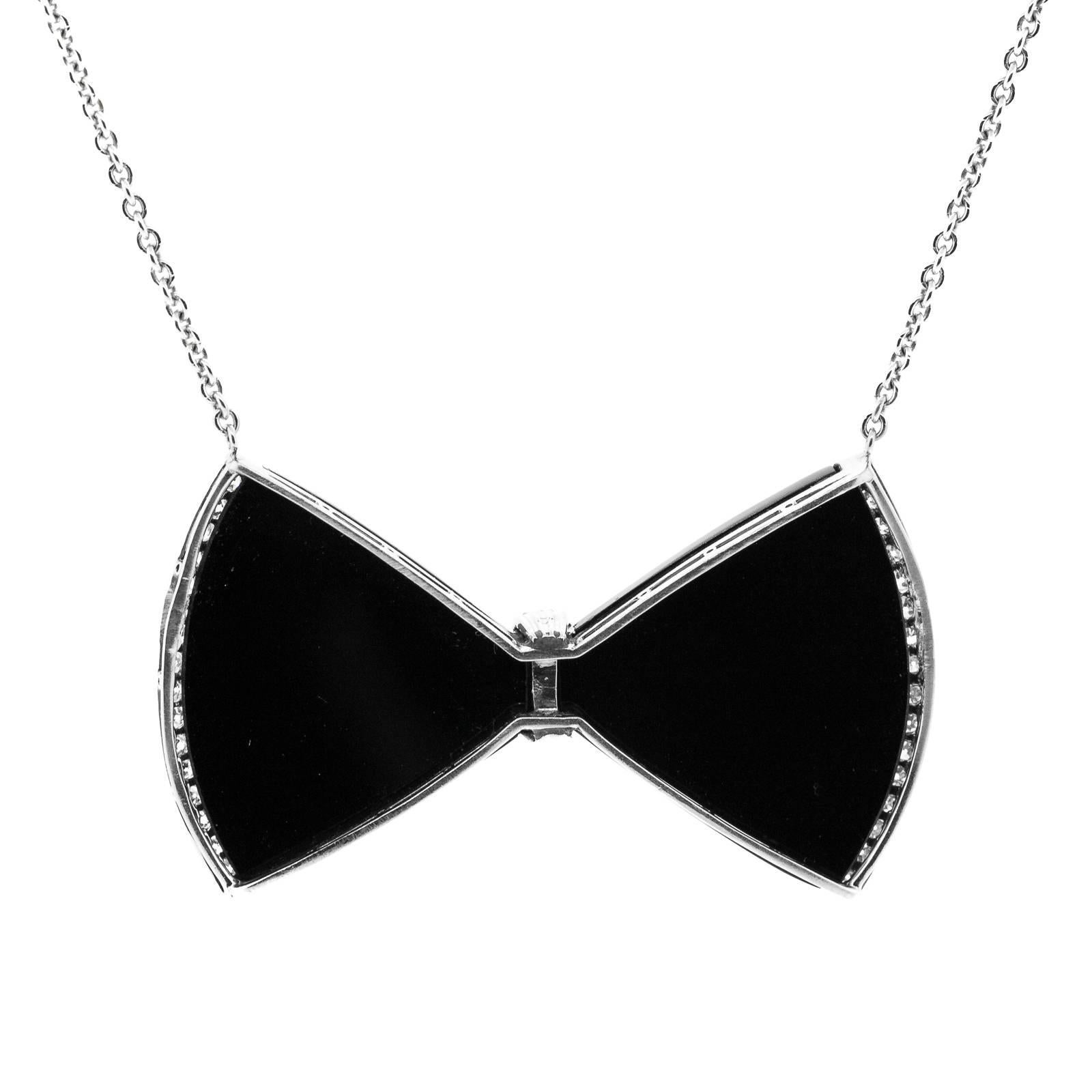 Art Deco 1930s Onyx Diamond Platinum Bow Pendant