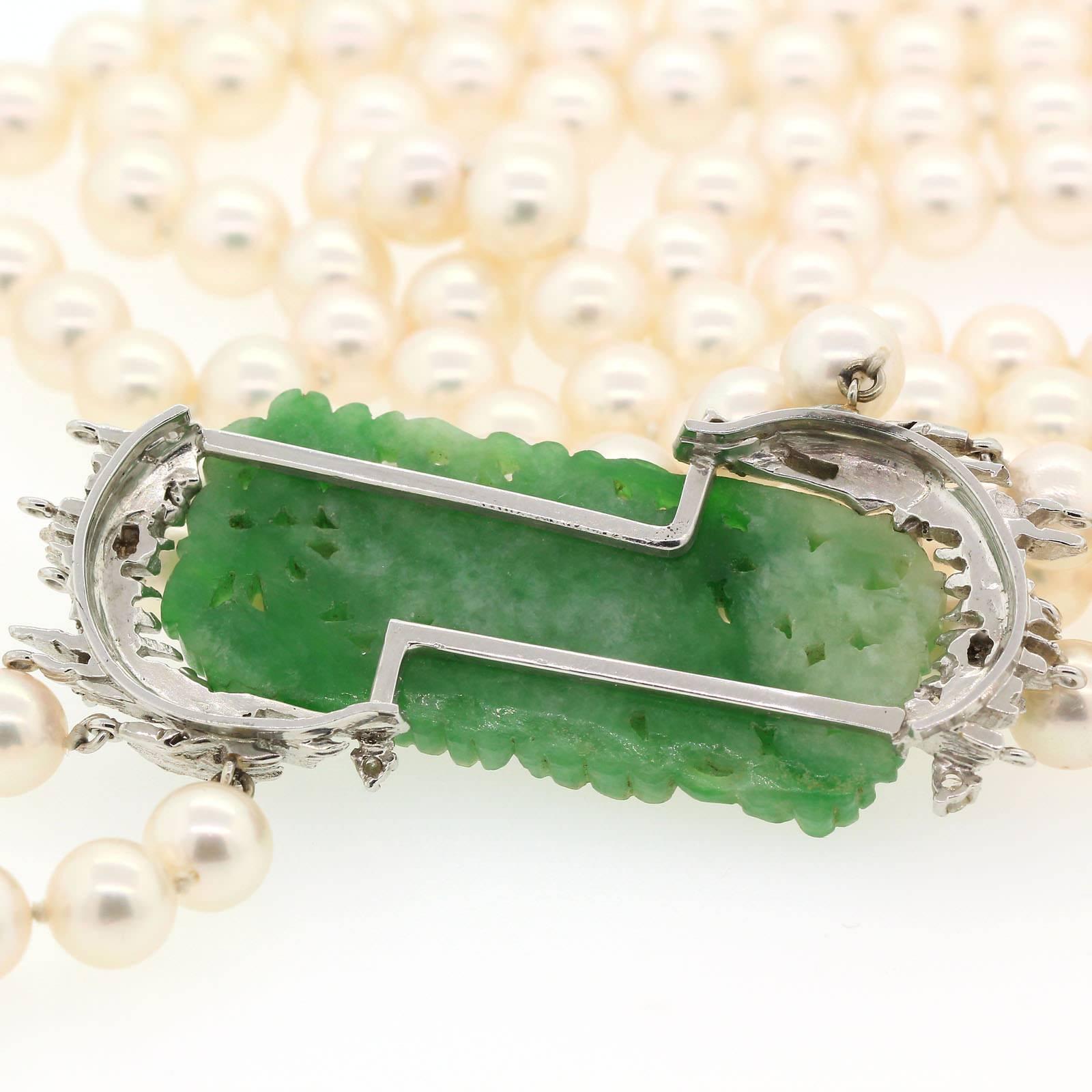 1960s Carved Jadeite Double Strand Pearl Diamond Gold Necklace  1