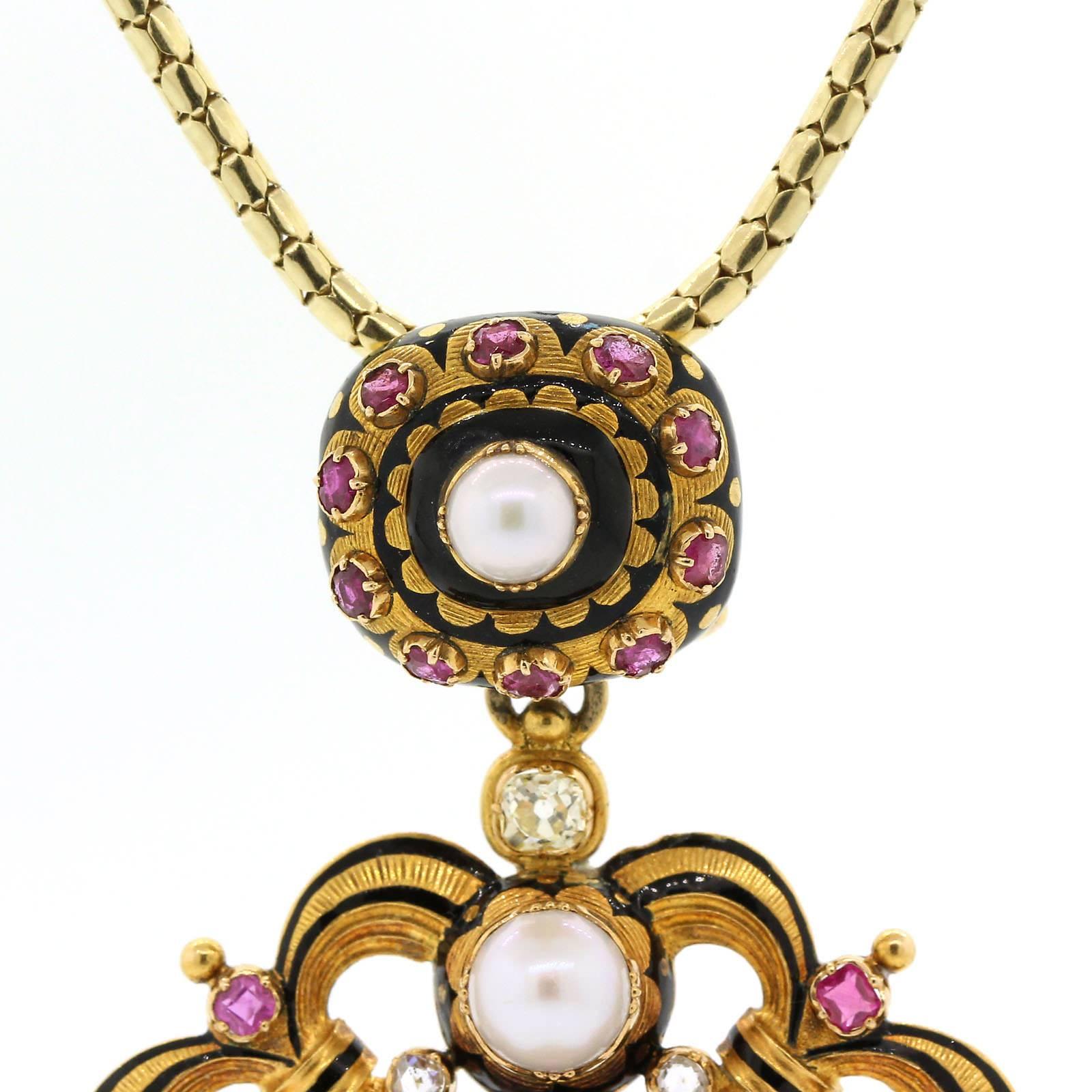 Victorian 1890s Natural Pearls Old Cut Diamonds Ruby Gold Pendant Locket
