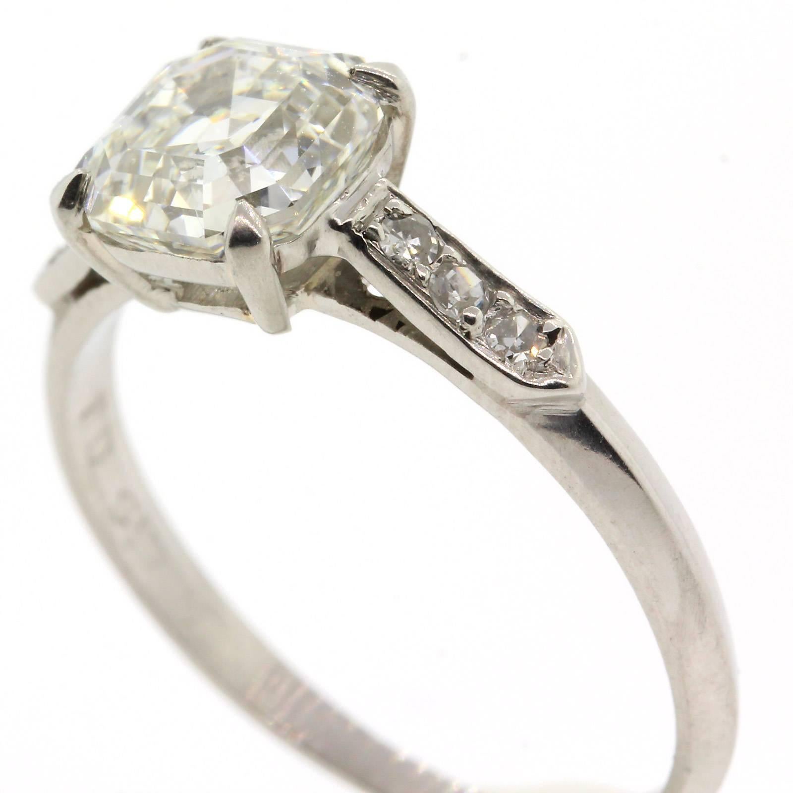 1940s 1.53 Carat GIA Cert Asscher Cut Diamond Platinum Ring 1
