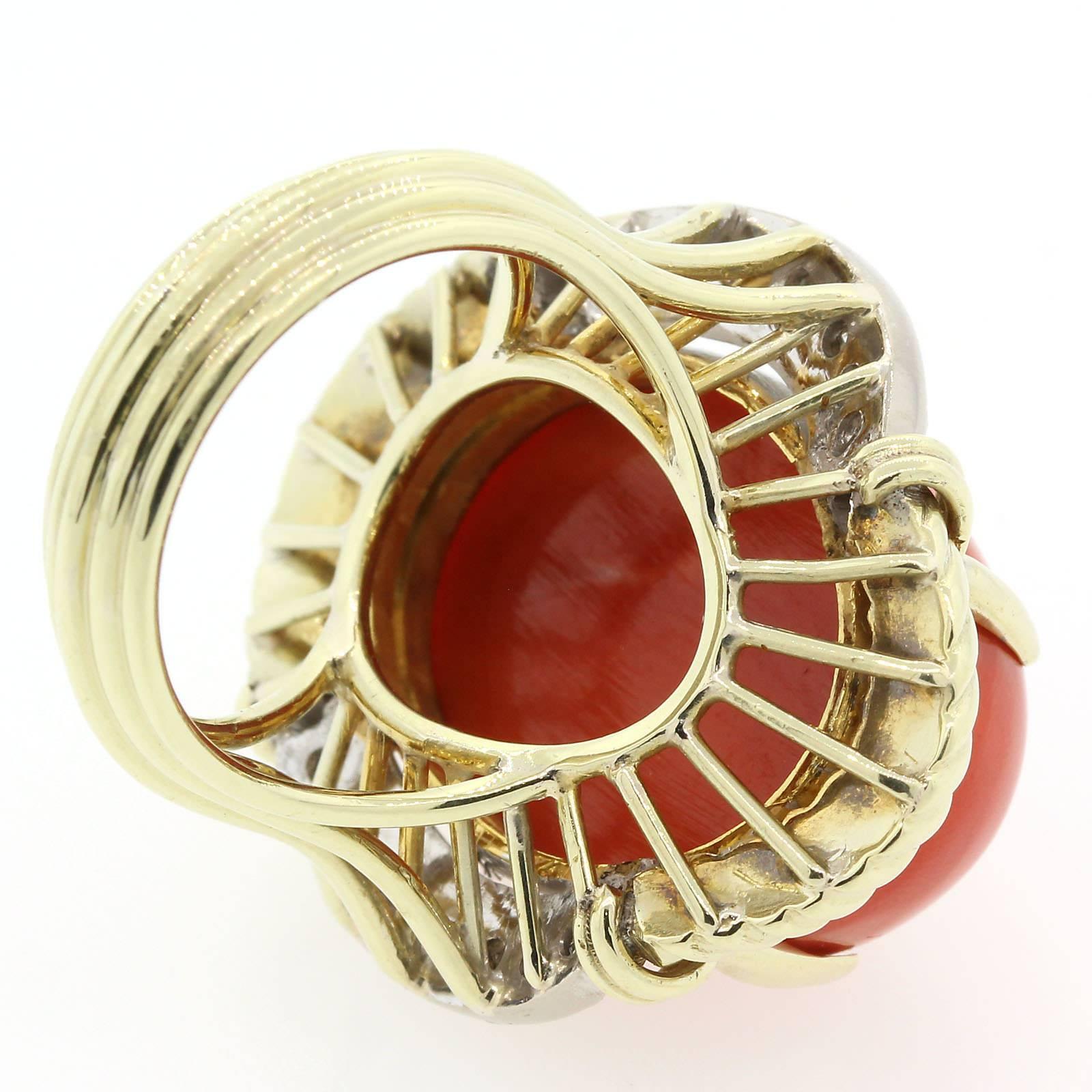 1970s Cabochon Red Coral Diamond Gold Lady's Ring  In Excellent Condition In Beverly Hills, CA