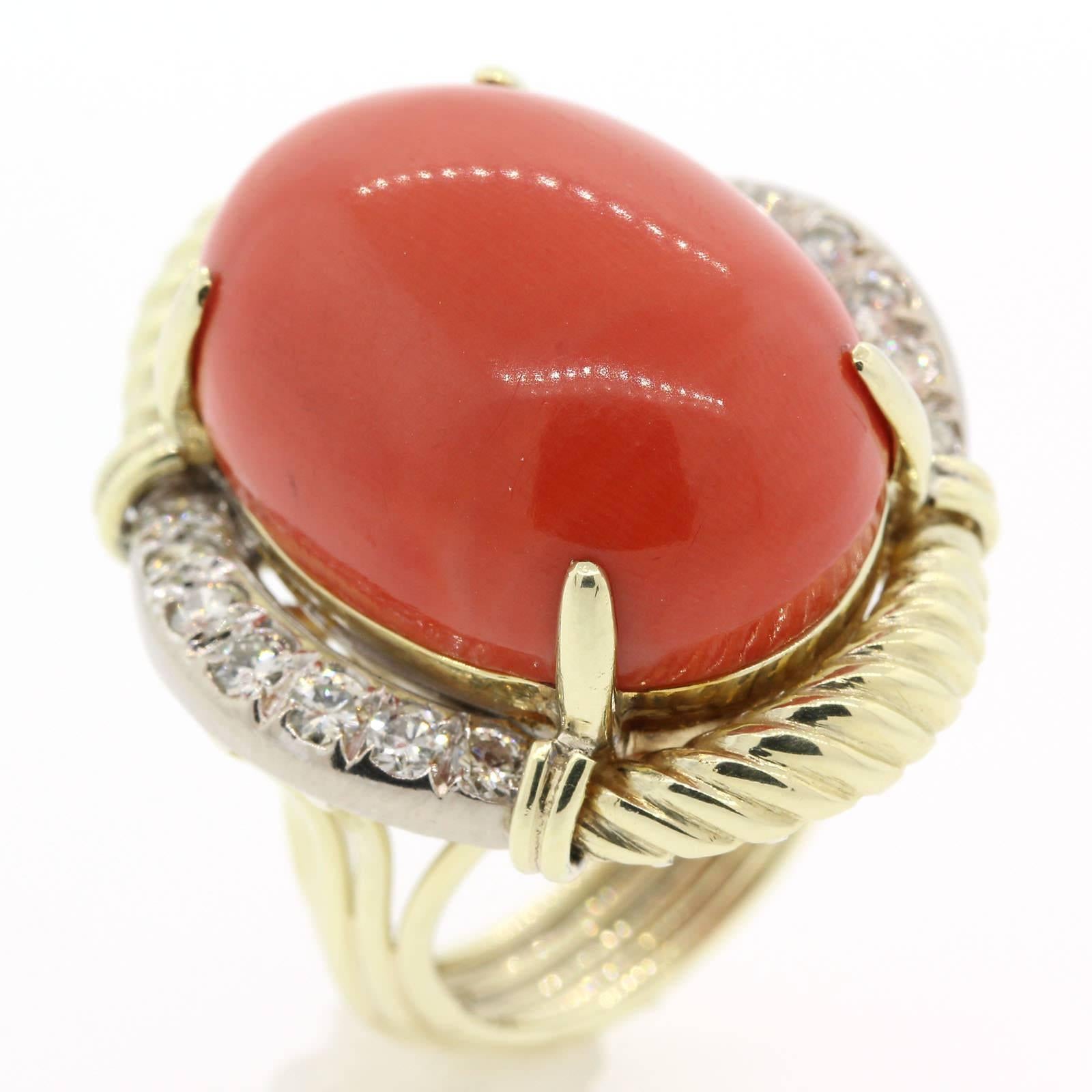 Modern 1970s Cabochon Red Coral Diamond Gold Lady's Ring 