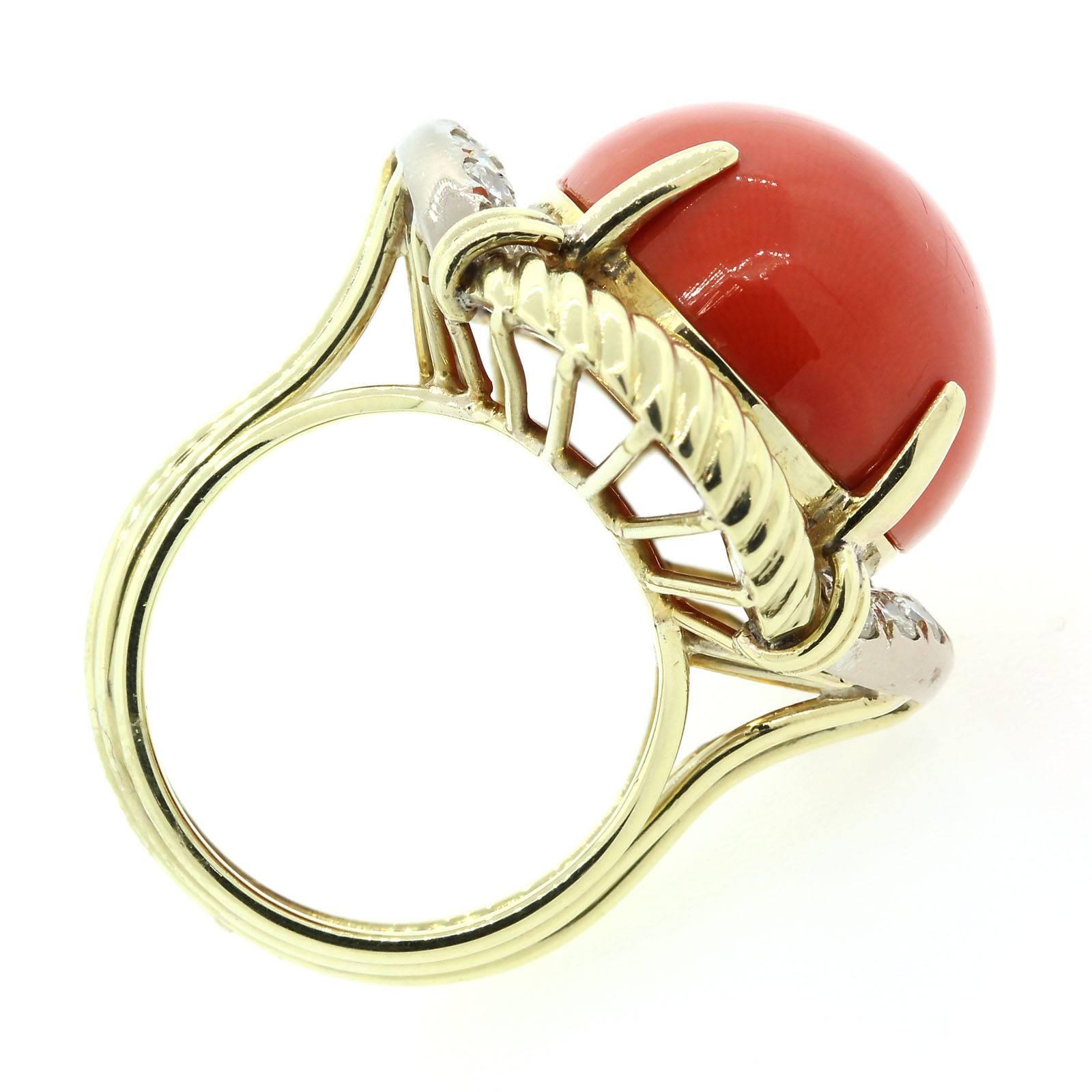 Women's 1970s Cabochon Red Coral Diamond Gold Lady's Ring 
