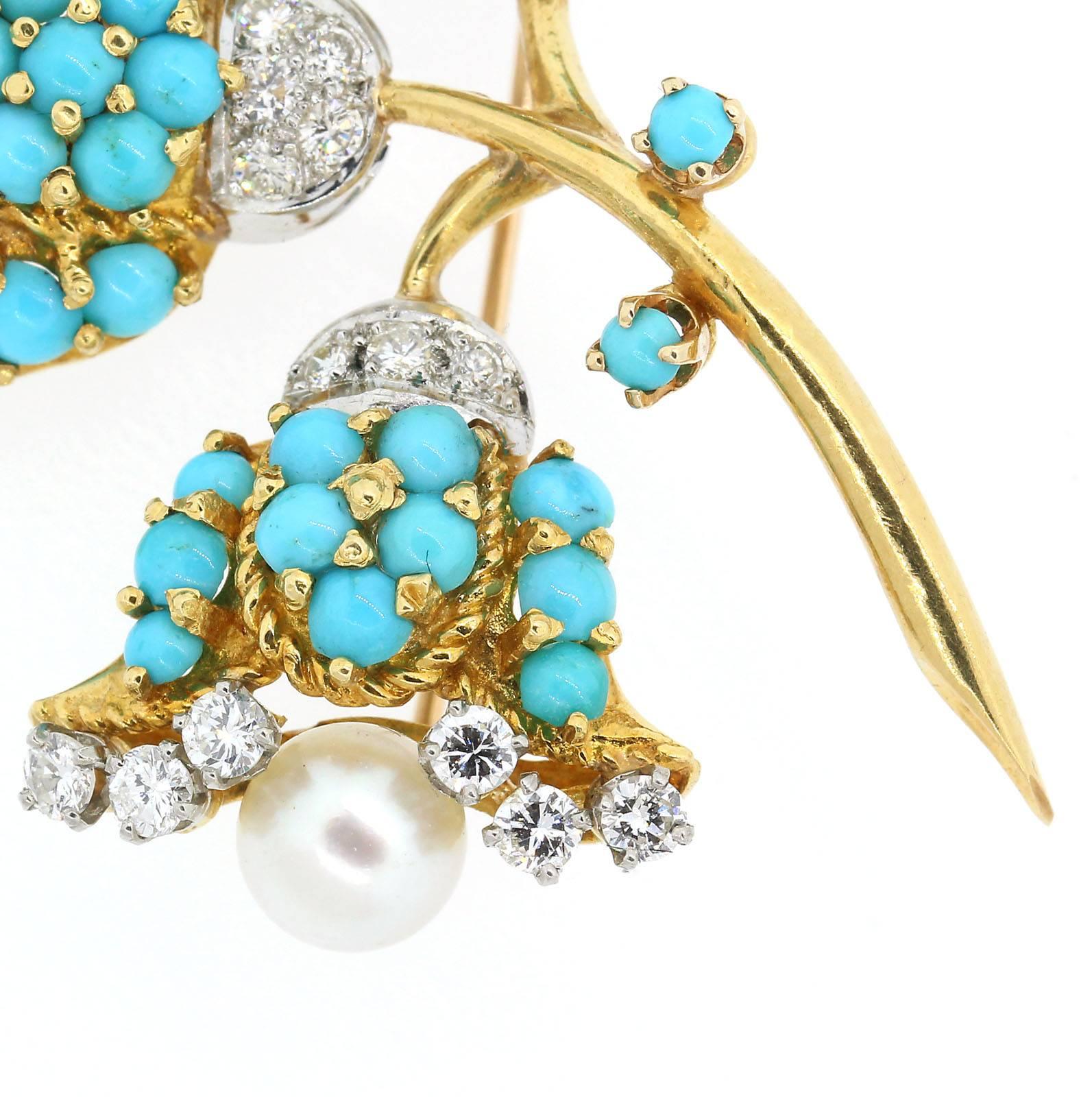 Modern 1960s Turquoise Pearl Diamond Gold Brooch