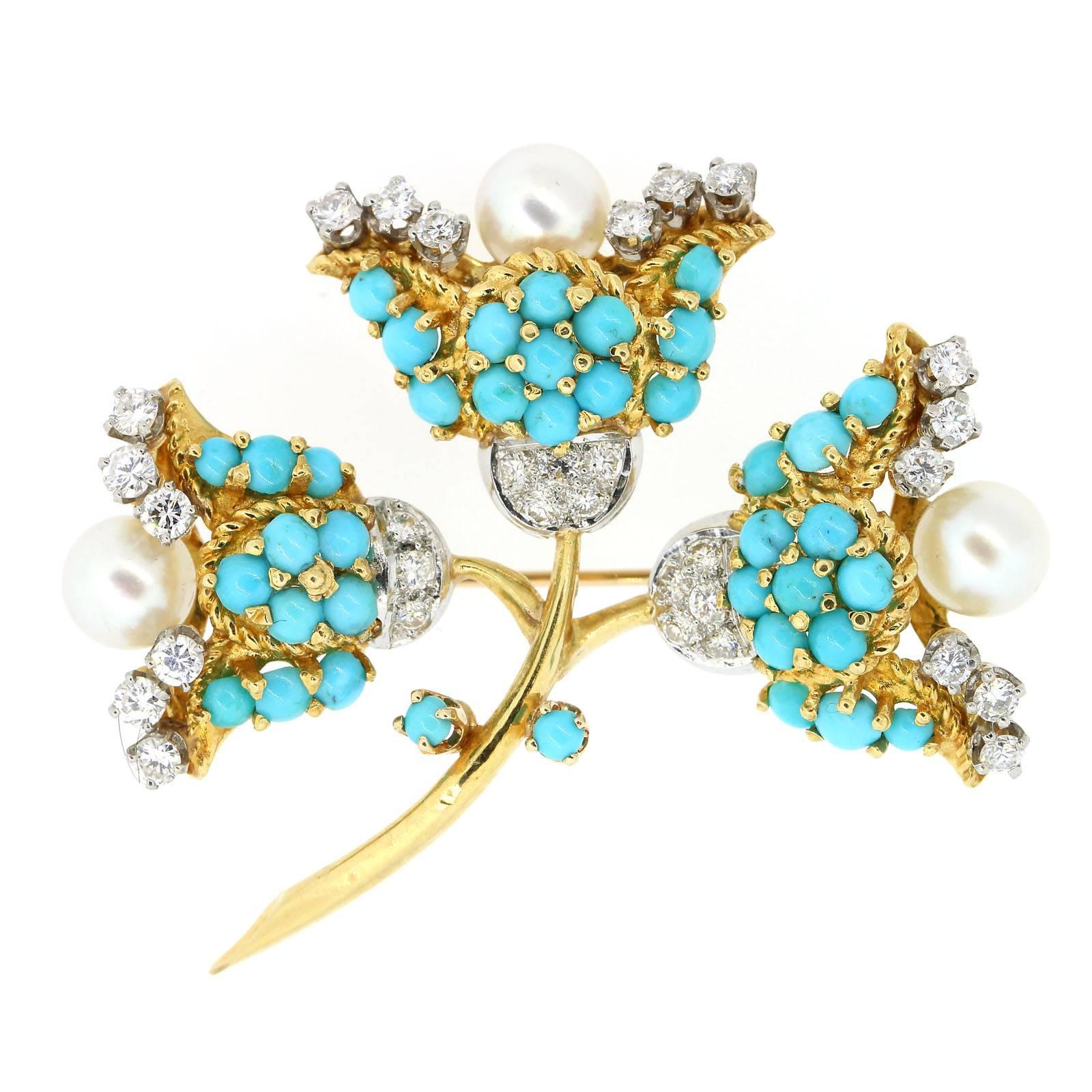 1960s Turquoise Pearl Diamond Gold Brooch