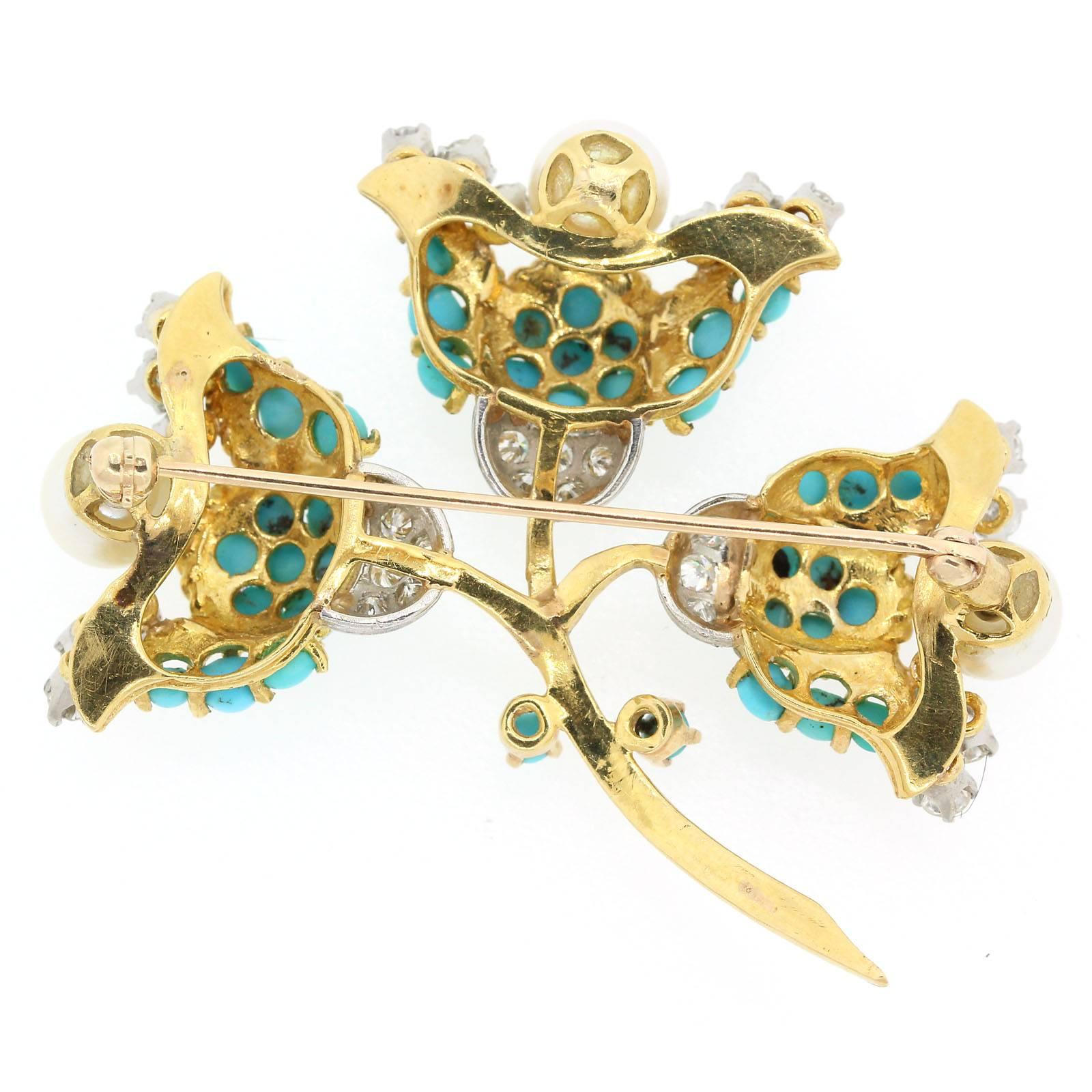 1960s Turquoise Pearl Diamond Gold Brooch In Excellent Condition In Beverly Hills, CA