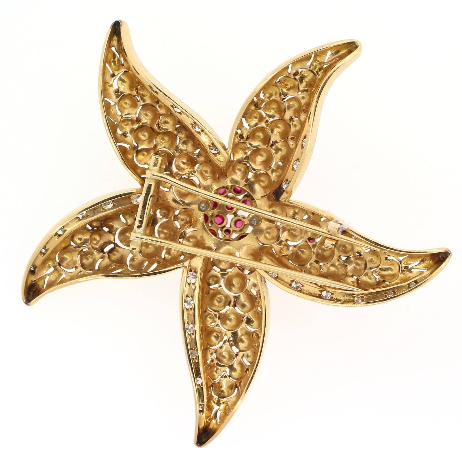 Women's or Men's Modern Ruby Diamond Gold Star Fish Brooch