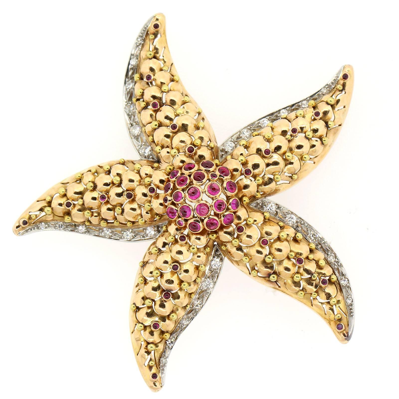 Modern Ruby Diamond Gold Star Fish Brooch