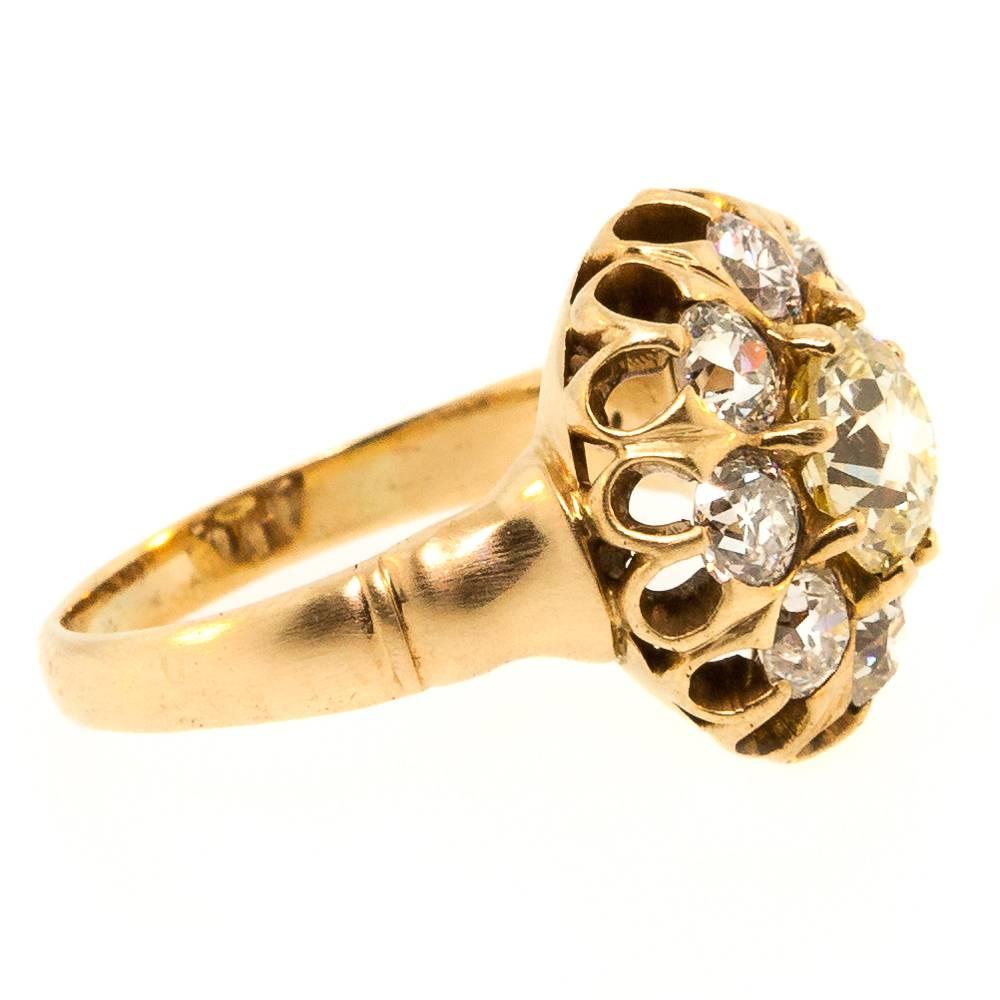 Victorian 1910 Old European Cut Diamond Gold Cluster Ring