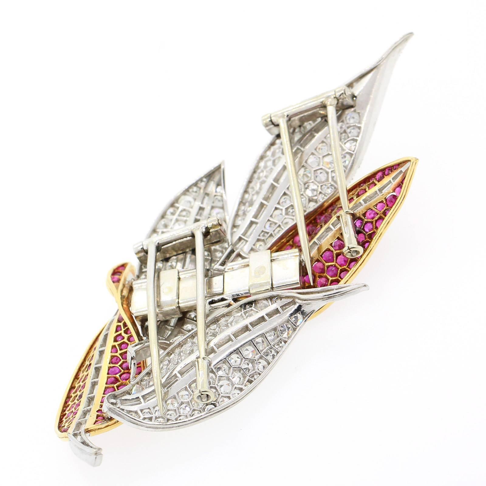 1950s Diamond Ruby Platinum Gold Brooch In Excellent Condition In Beverly Hills, CA