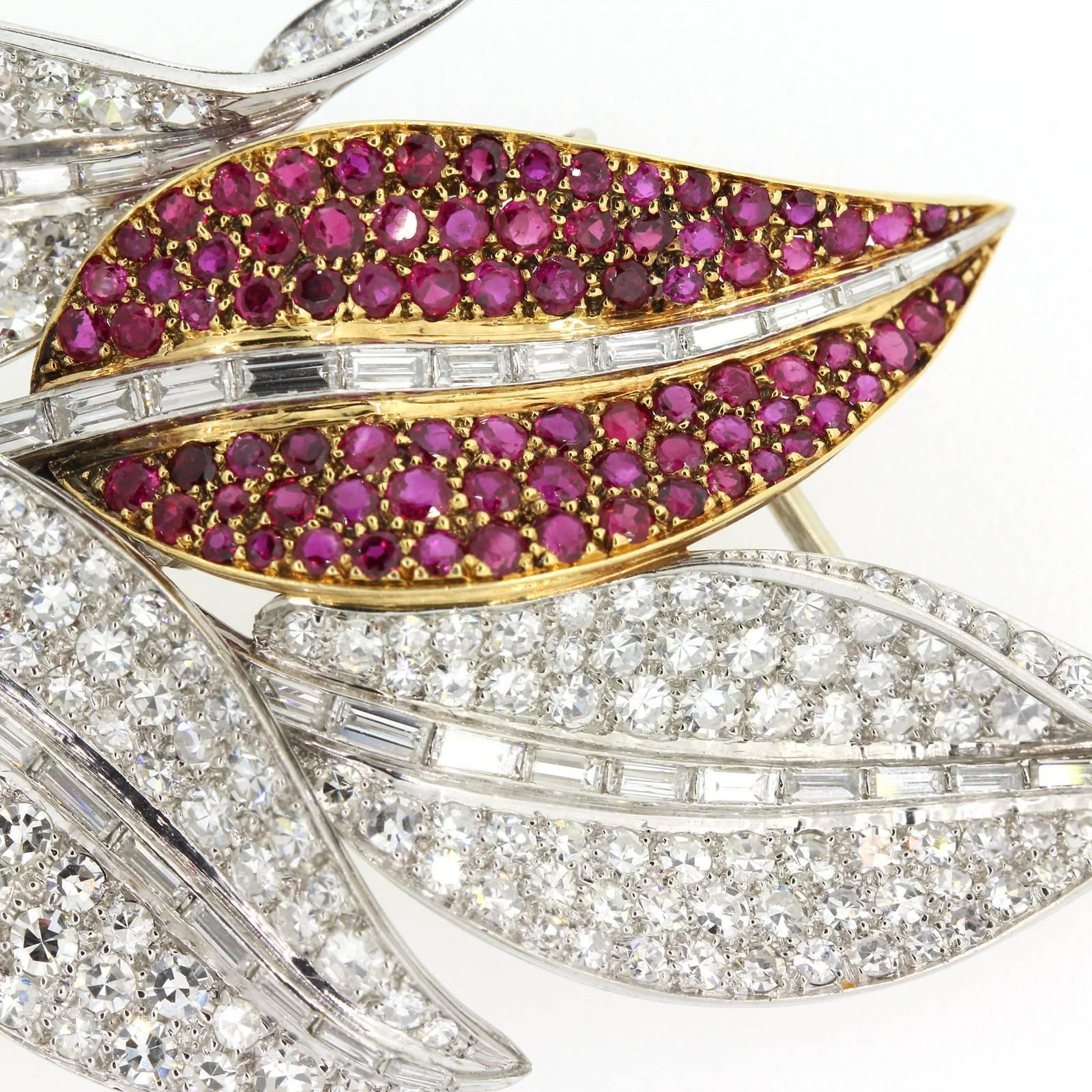 Women's or Men's 1950s Diamond Ruby Platinum Gold Brooch