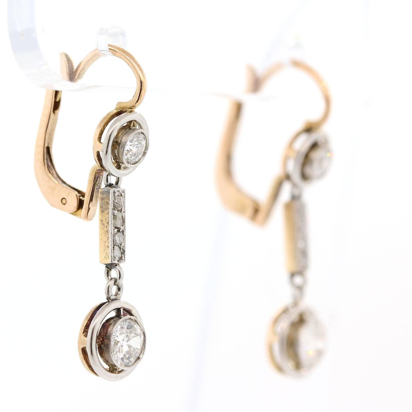 Victorian 1930s Old Cut Diamonds Gold Platinum Dangle Earrings