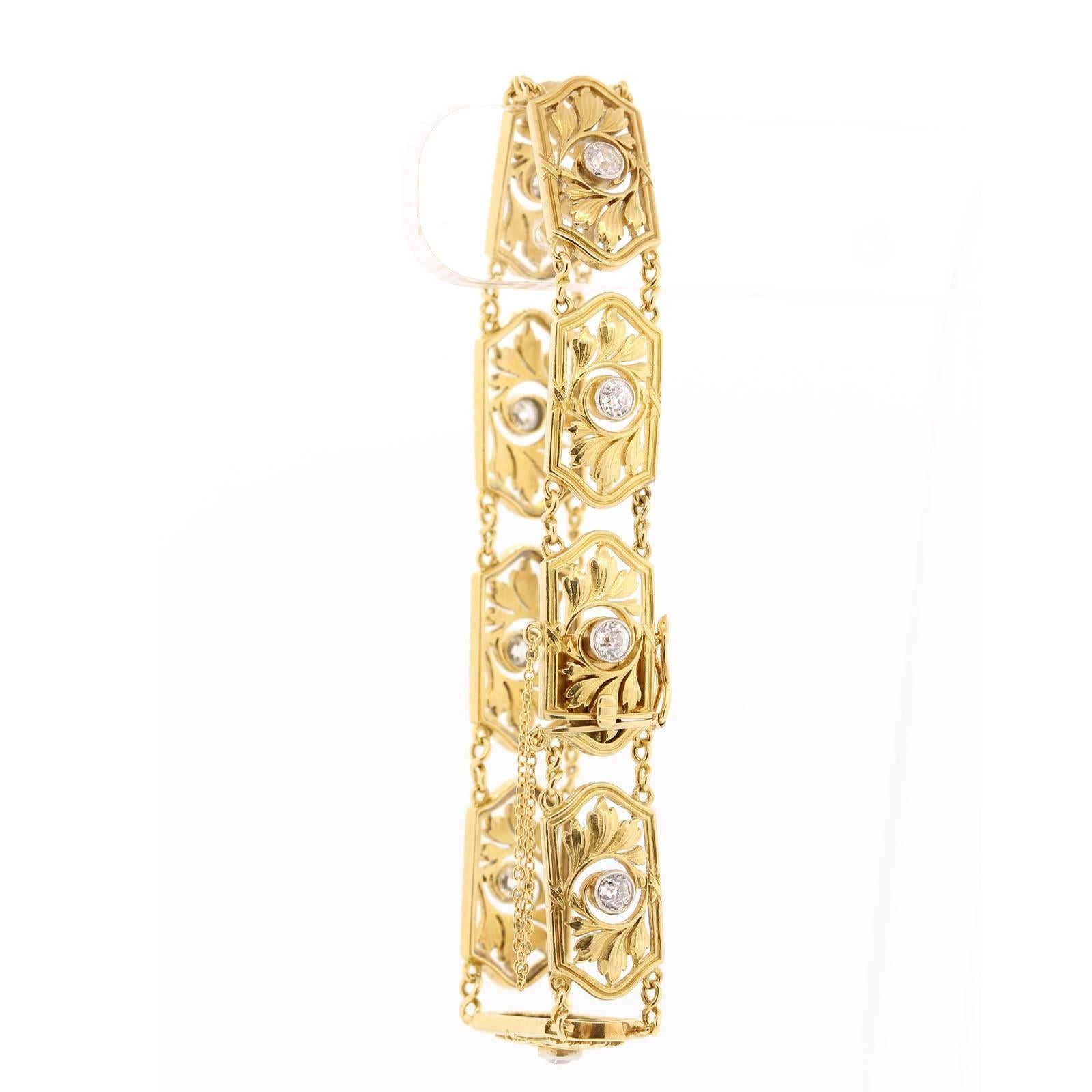 Women's or Men's 1900s Art Nouveau Diamond Gold Bracelet