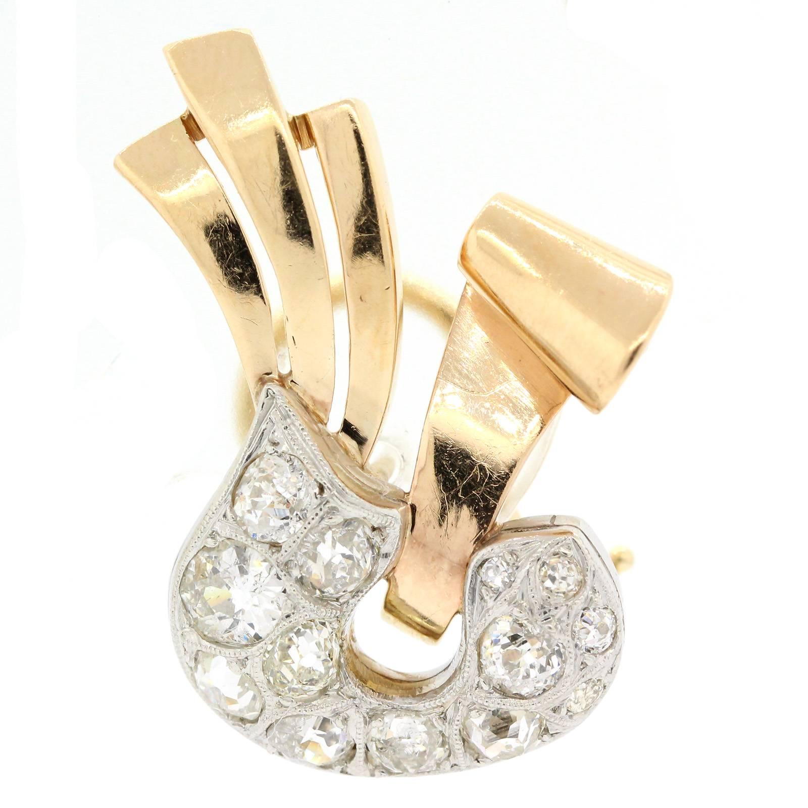 Women's 1940s Retro Diamond  Rose Gold and Platinum Earrings For Sale