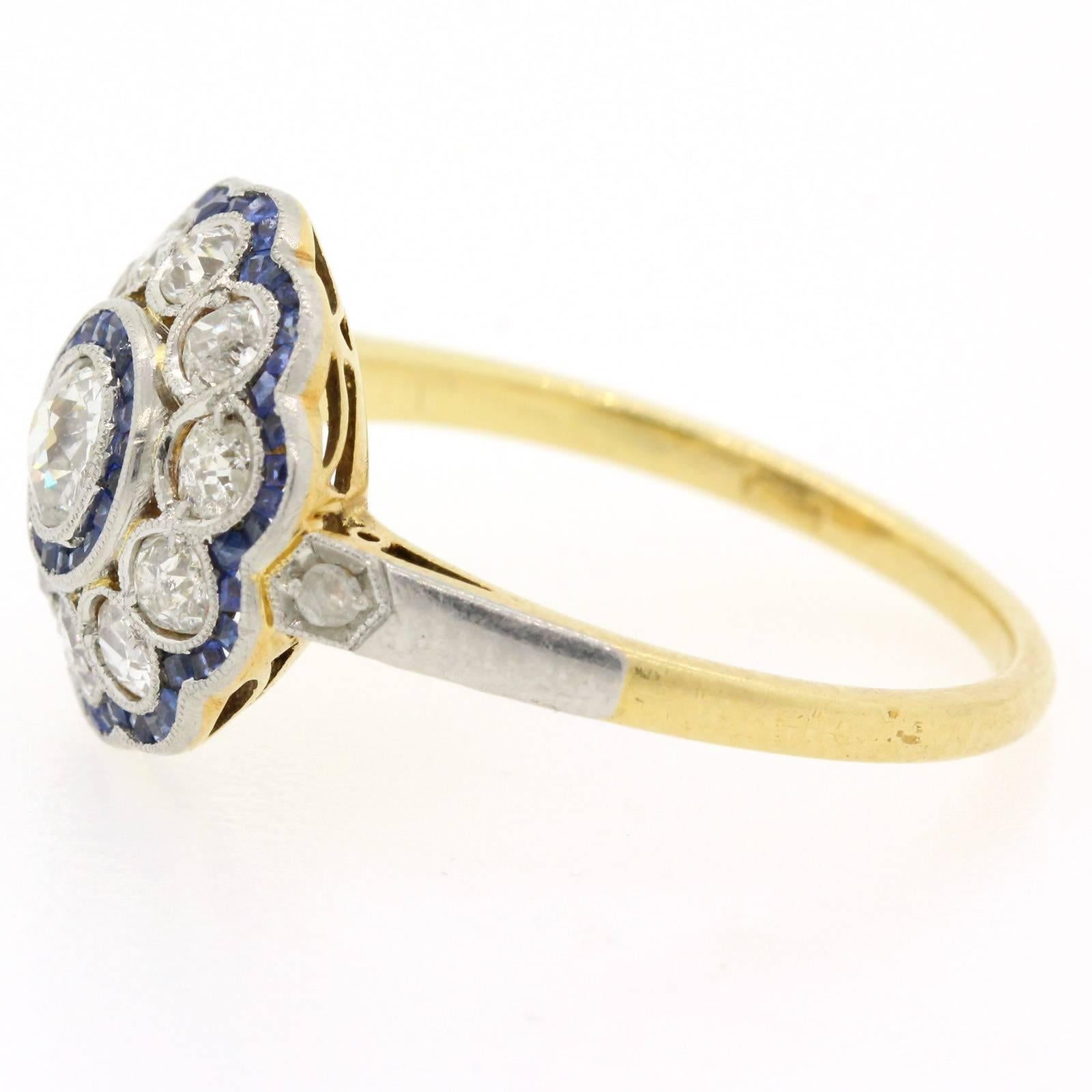 Antique Diamond, Sapphire, Platinum and Gold Cluster Ring In Excellent Condition In Beverly Hills, CA
