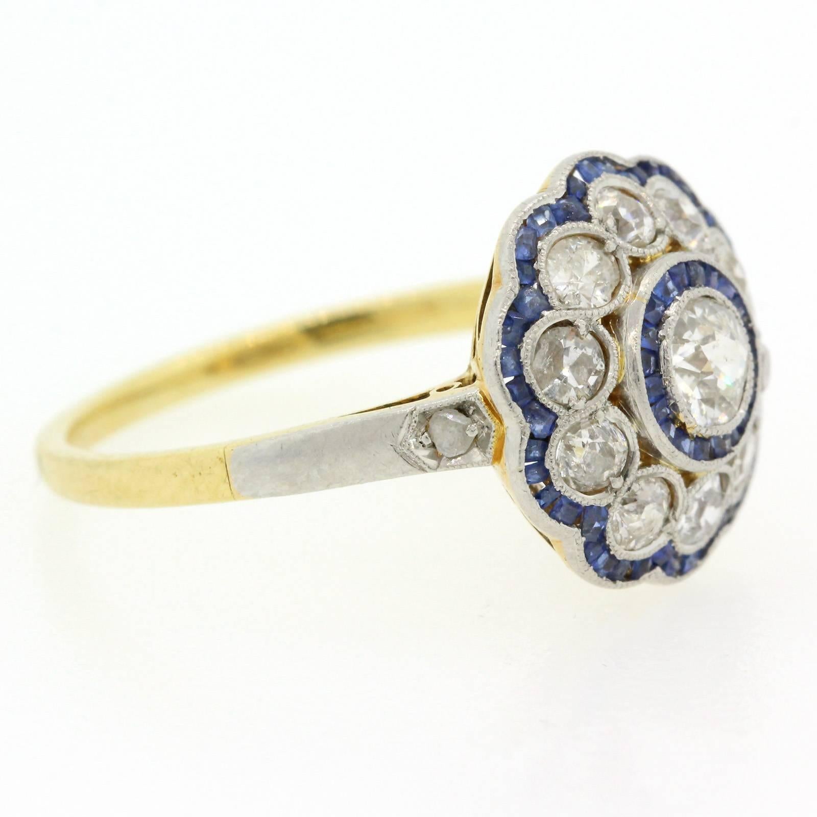 Women's Antique Diamond, Sapphire, Platinum and Gold Cluster Ring