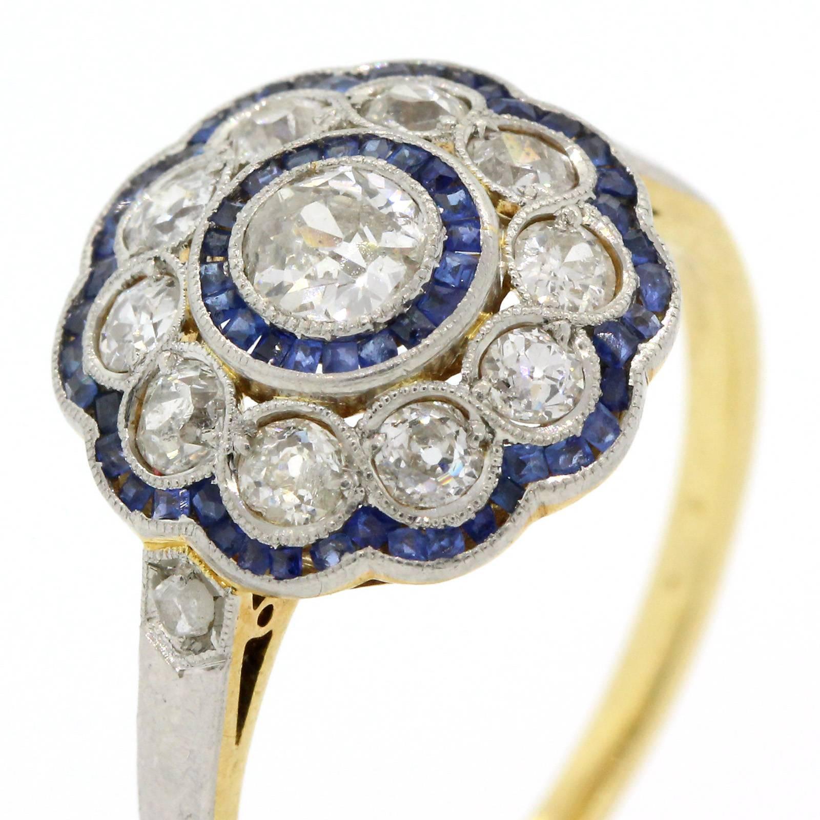 Romantic Antique Diamond, Sapphire, Platinum and Gold Cluster Ring