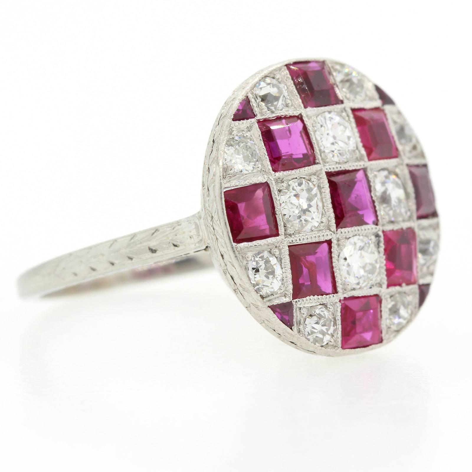 1920s Diamond Ruby Platinum Ring In Excellent Condition In Beverly Hills, CA
