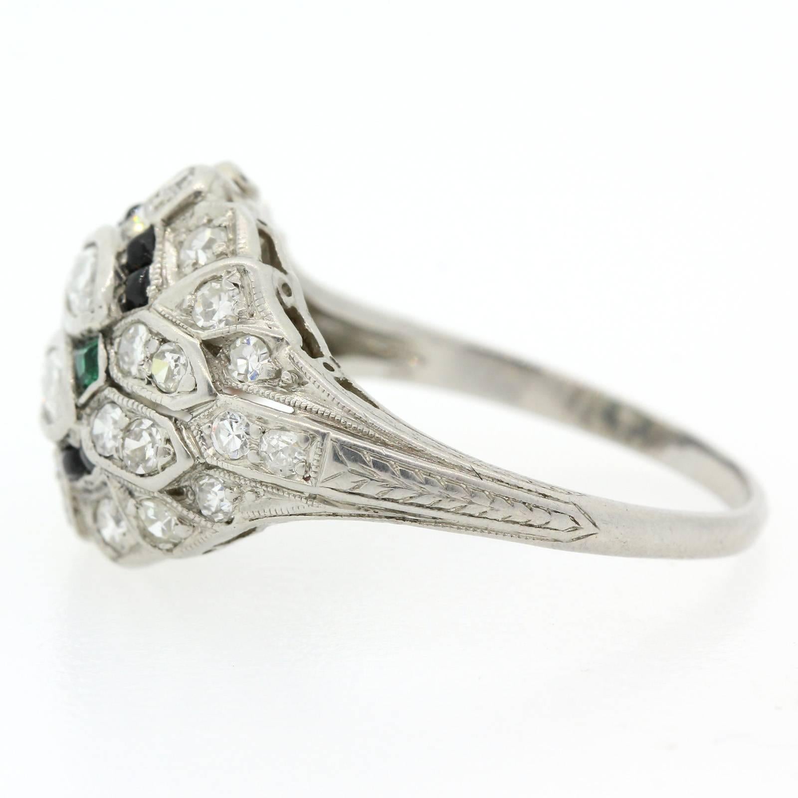 1920s Onyx Emerald Diamond Platinum Ring In Excellent Condition In Beverly Hills, CA