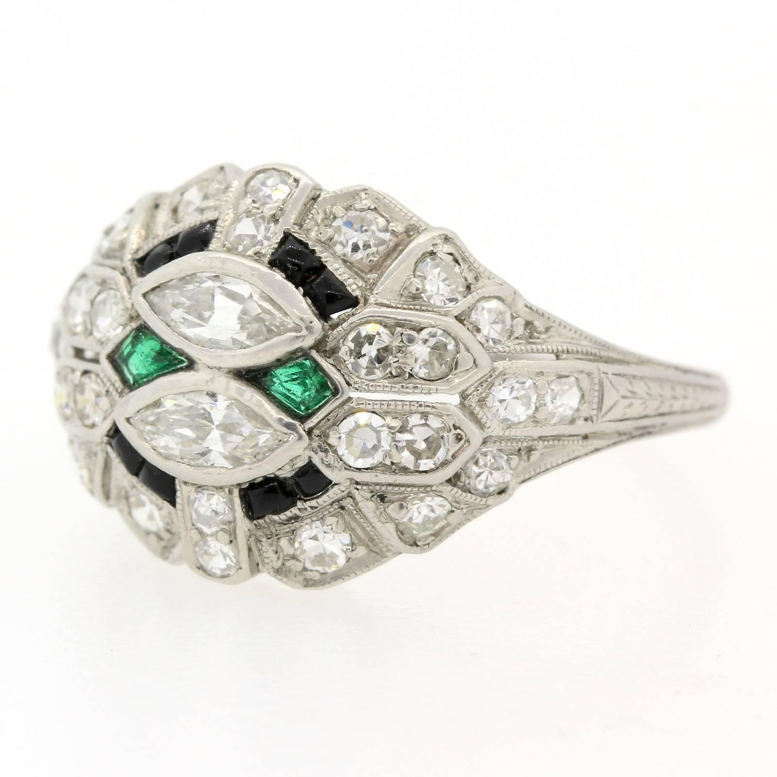 Women's 1920s Onyx Emerald Diamond Platinum Ring