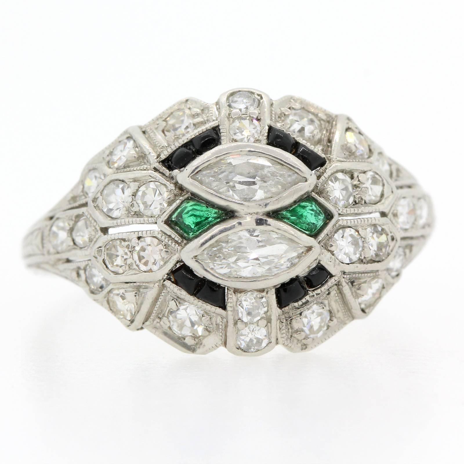 Art Deco 1920s Onyx Emerald Diamond Platinum Ring
