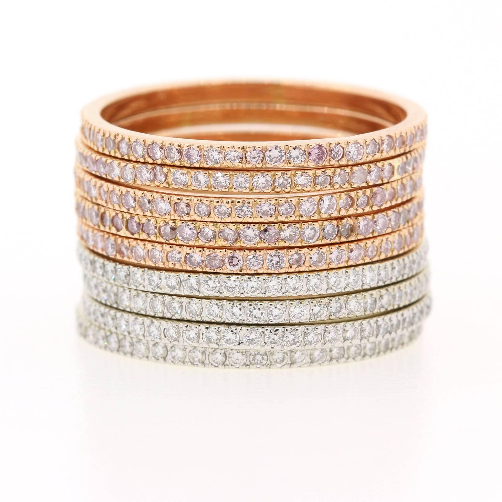 Contemporary Natural Pink and White Round Brilliant Diamonds and Gold Eternity Bands