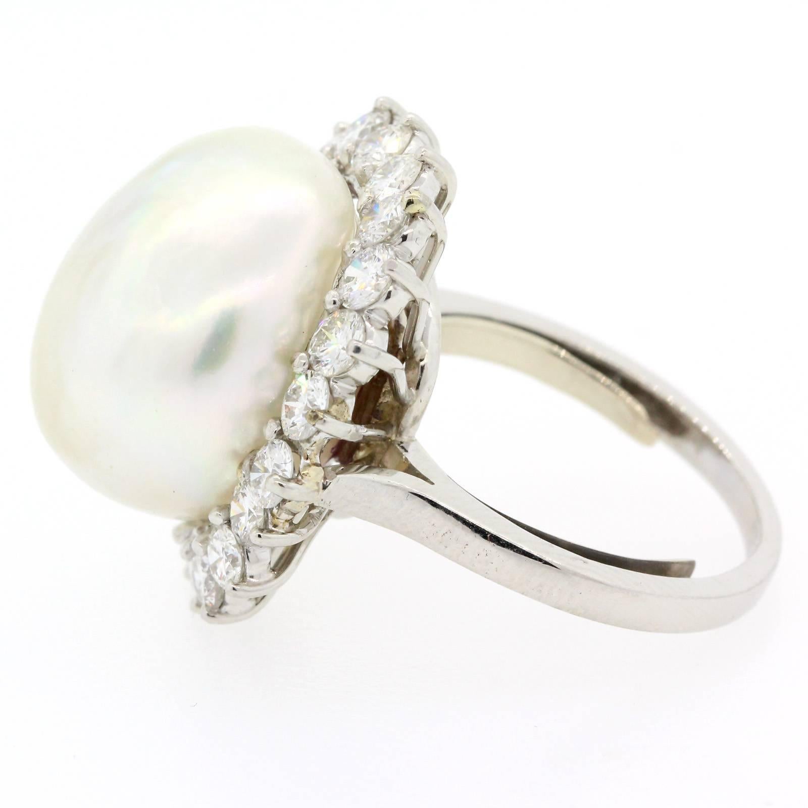 Contemporary 1970s South Sea Pearl Diamond Platinum Ring For Sale
