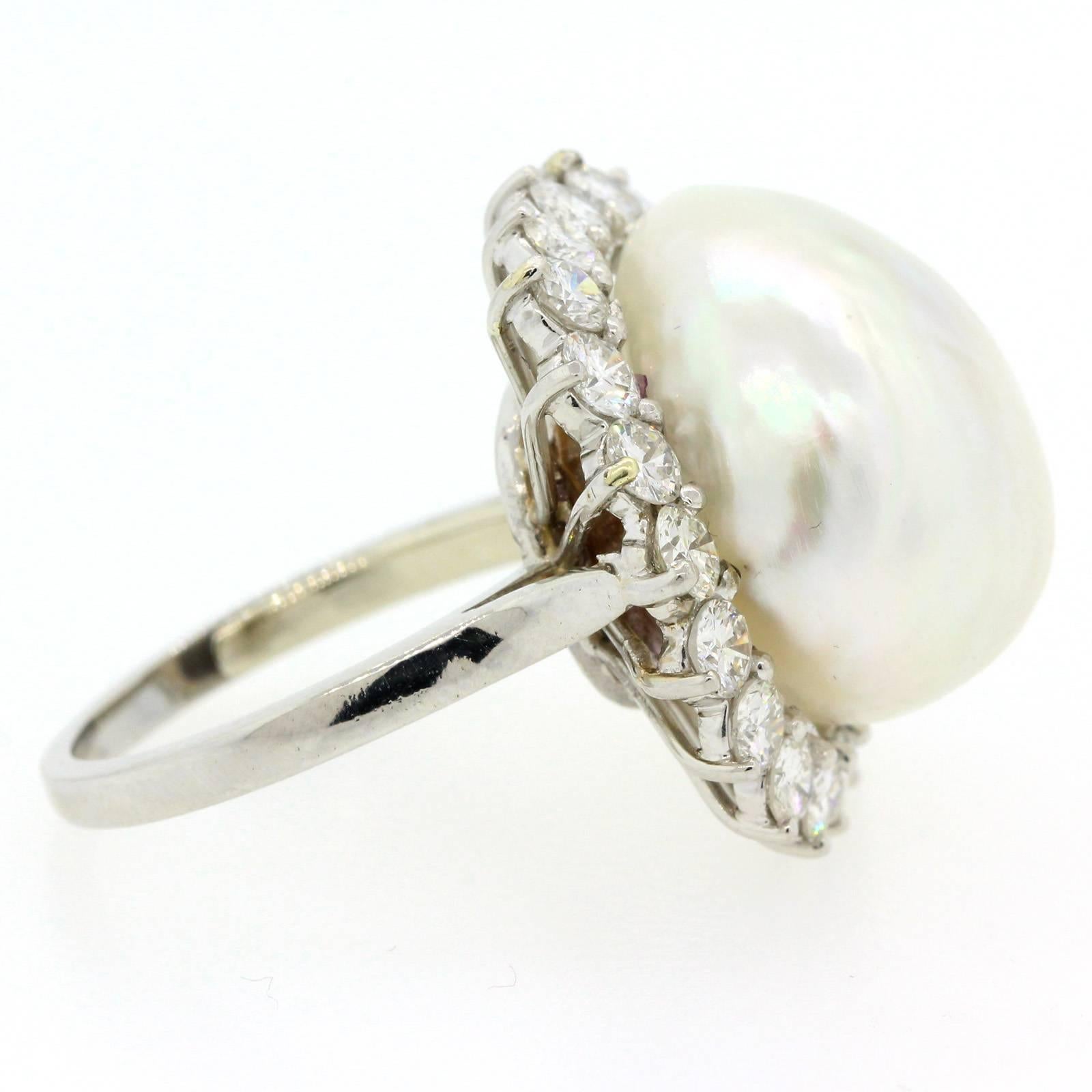 Women's 1970s South Sea Pearl Diamond Platinum Ring For Sale