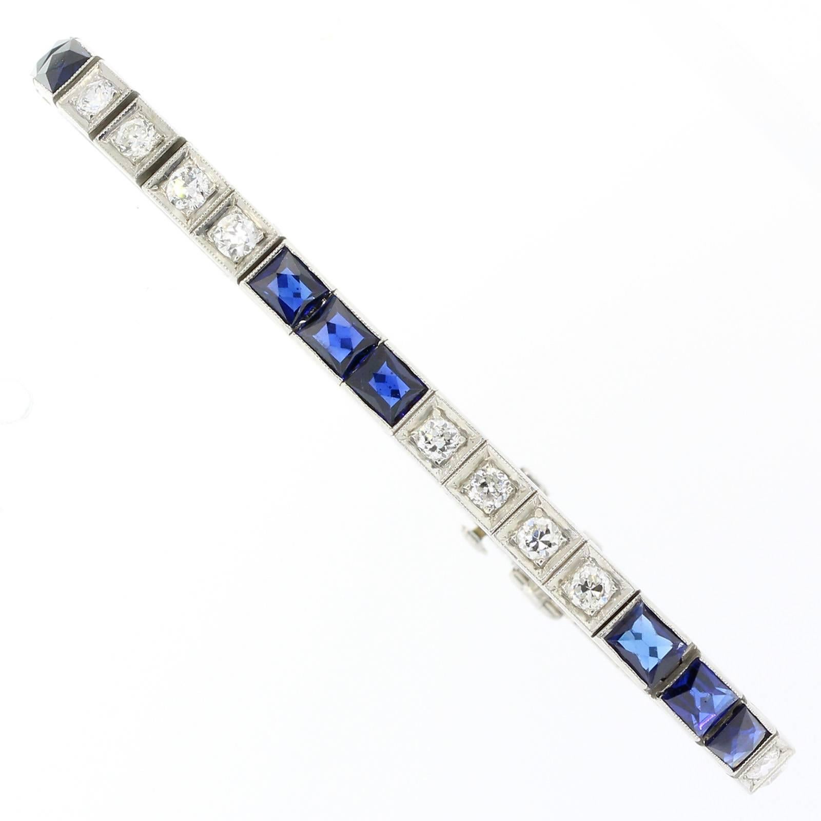 Art Deco 1930s Diamond Sapphire Straight Line Bracelet
